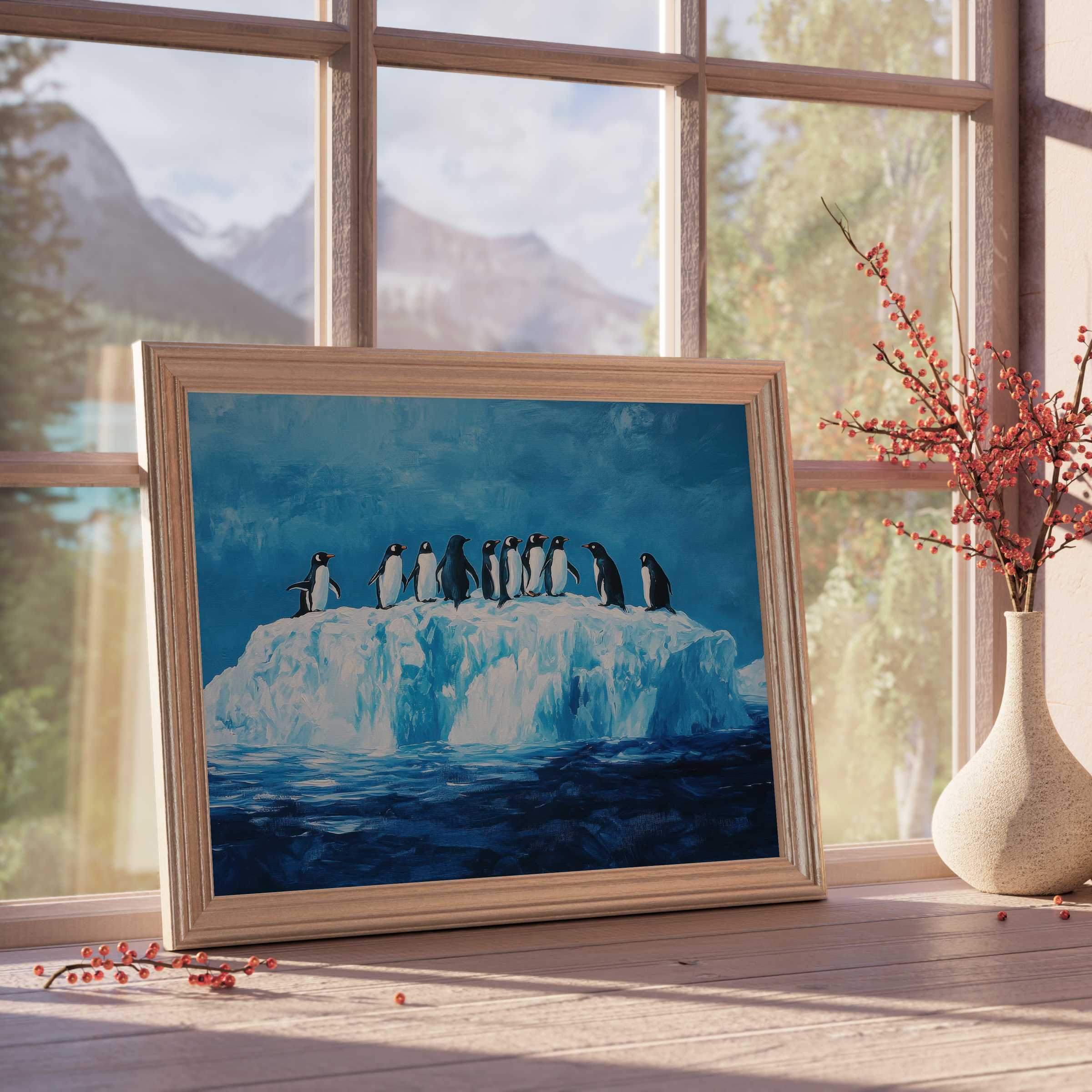 Vibrant street art downloadable art depicting penguins on icy blues, adding tranquil charm and curated elegance to modern interiors