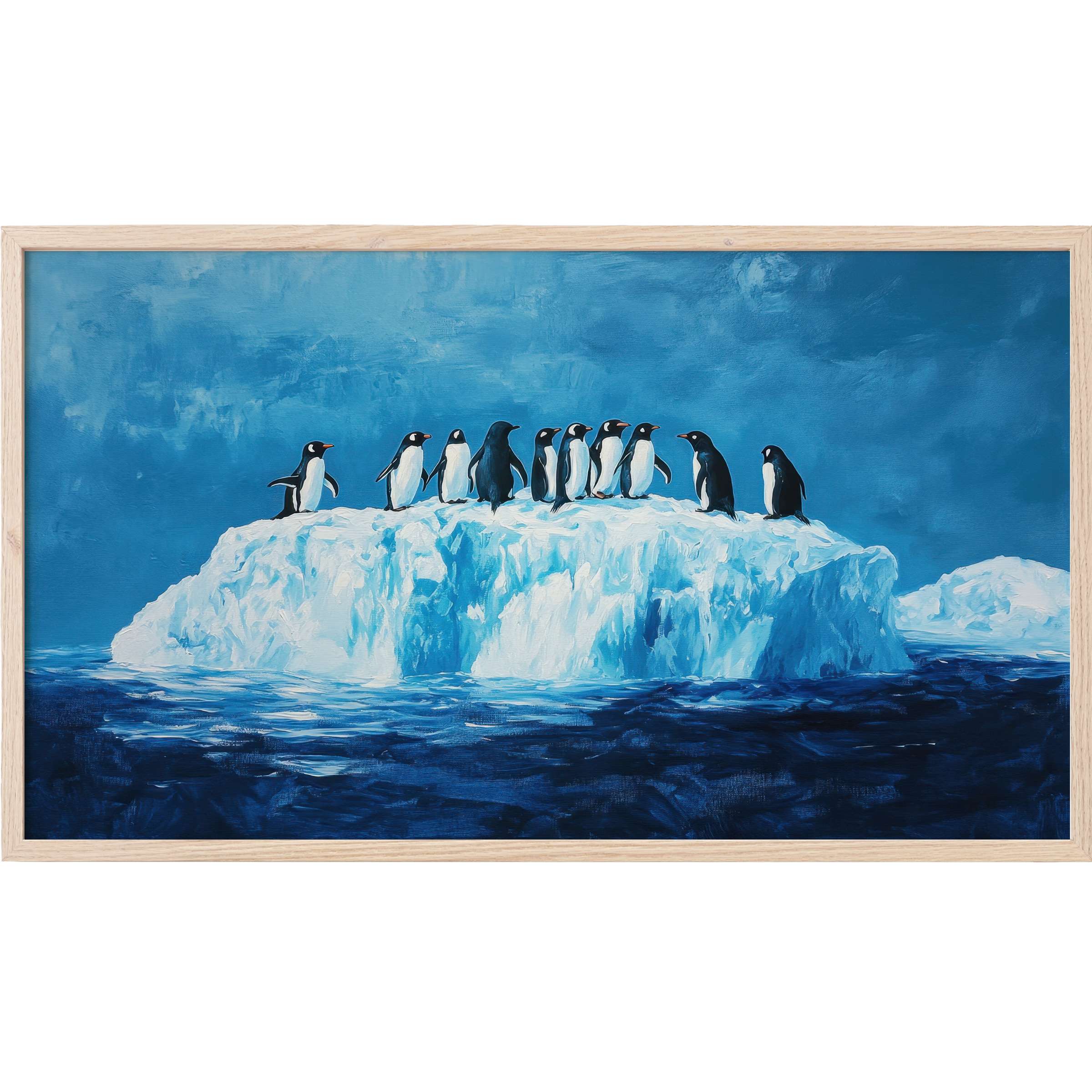 Street art Frame TV Art depicting penguins on icy blue glacier, rich textures, cool tones, and modern coastal elegance