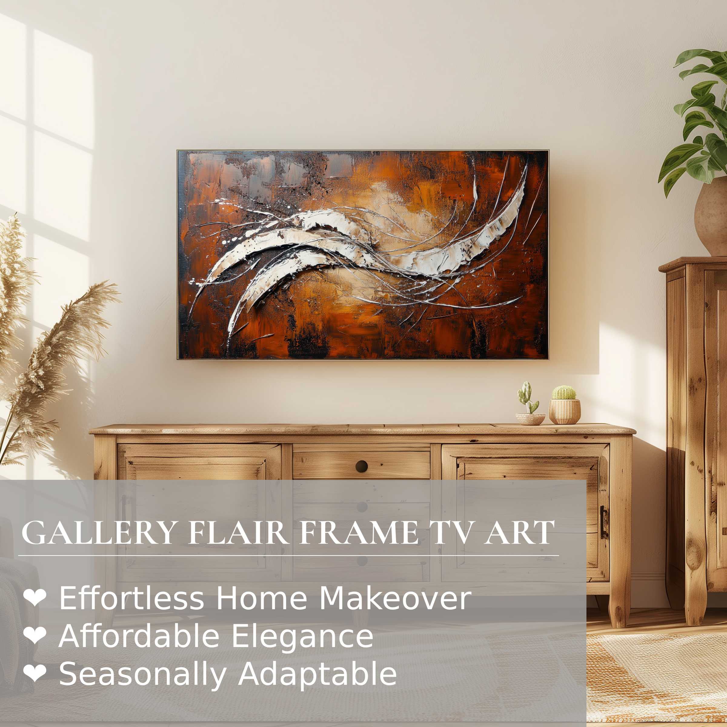 Samsung Frame TV displays modern digital artwork in warm tones, enhancing a refined, natural living space ambiance