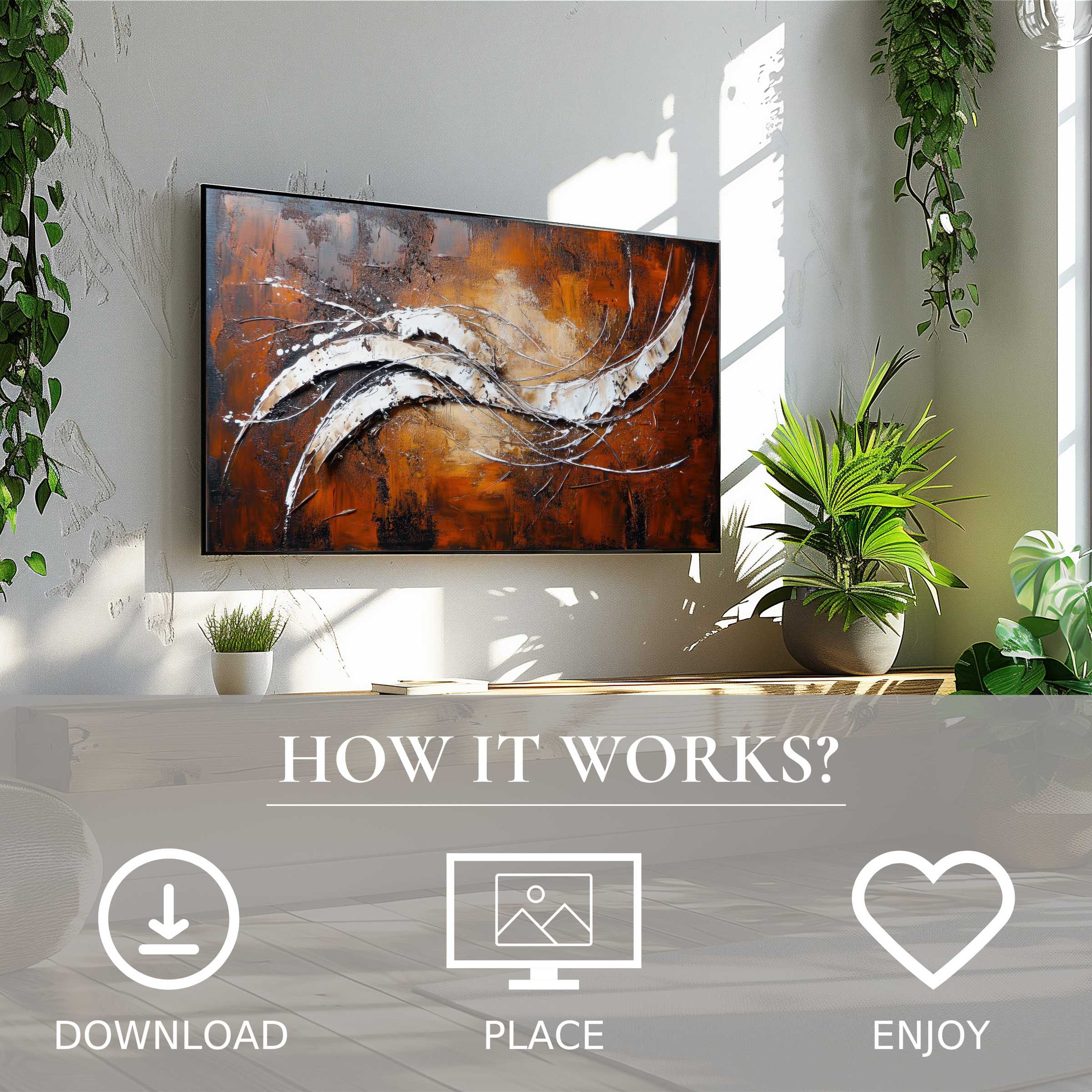 Modern art for Samsung TV with warm color flow; easy digital download enriches your living space instantly