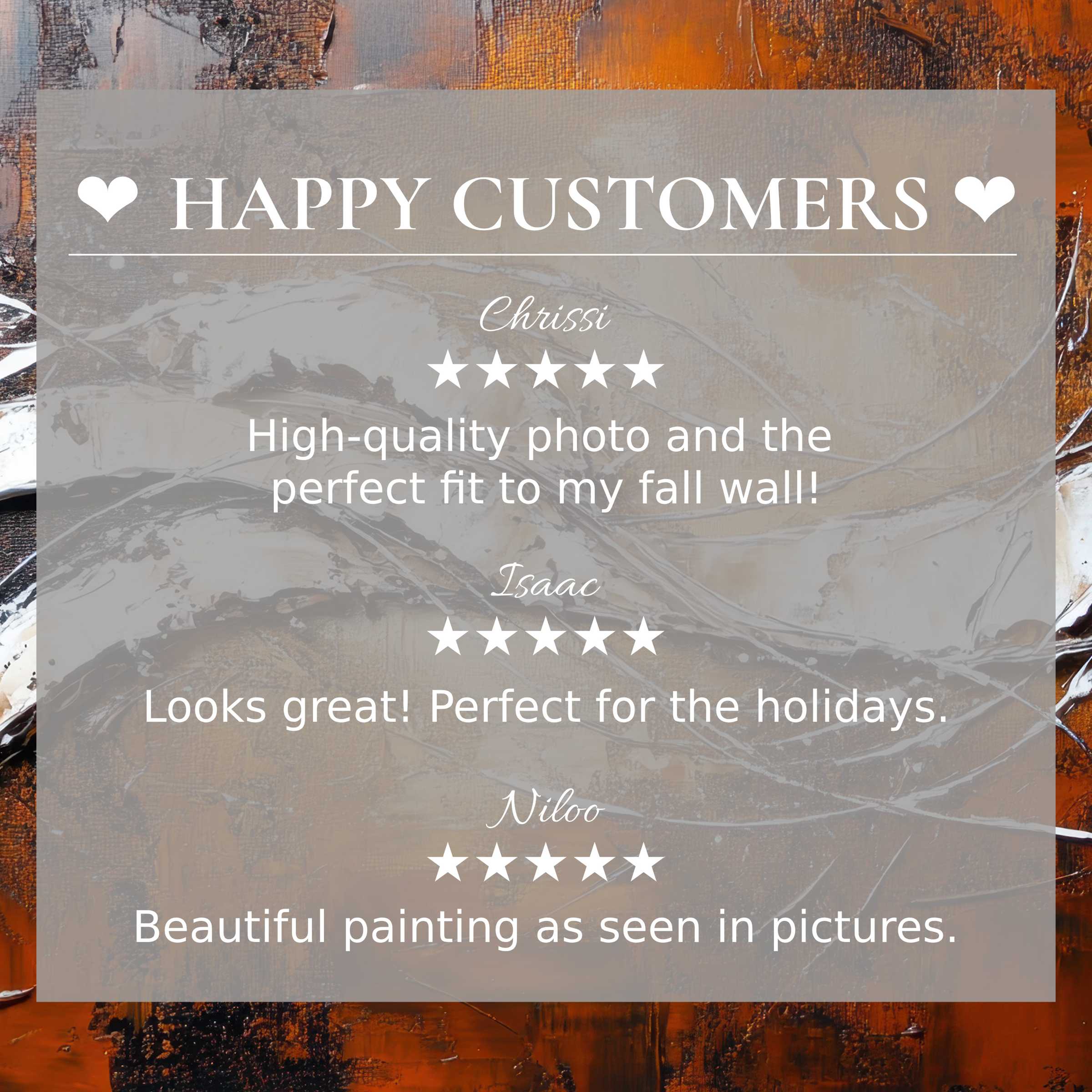 Happy customer reviews highlight modern art for Frame TV with abstract sunset hues in elegant, trust-building layout