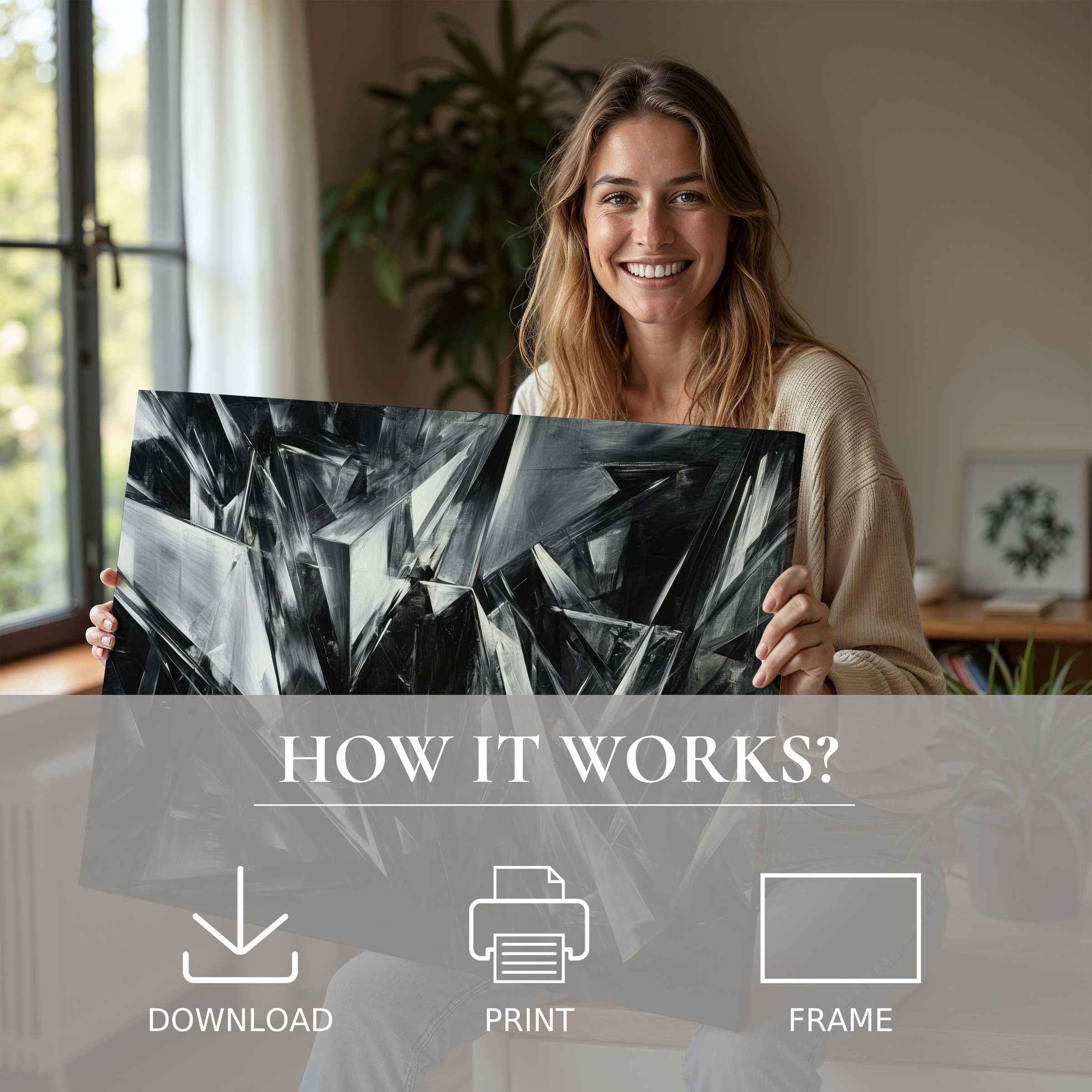 Radiant joy and effortless elegance blend as a woman unveils an abstract digital art print, elevating modern living