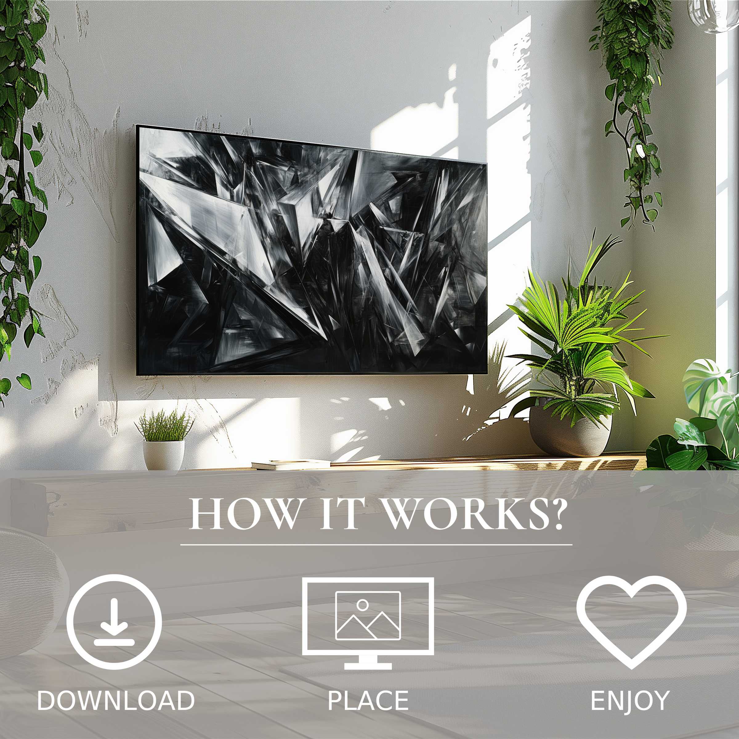 Abstract art for Samsung TV in a bright room, digital download with sharp black and white geometric motif enriches space