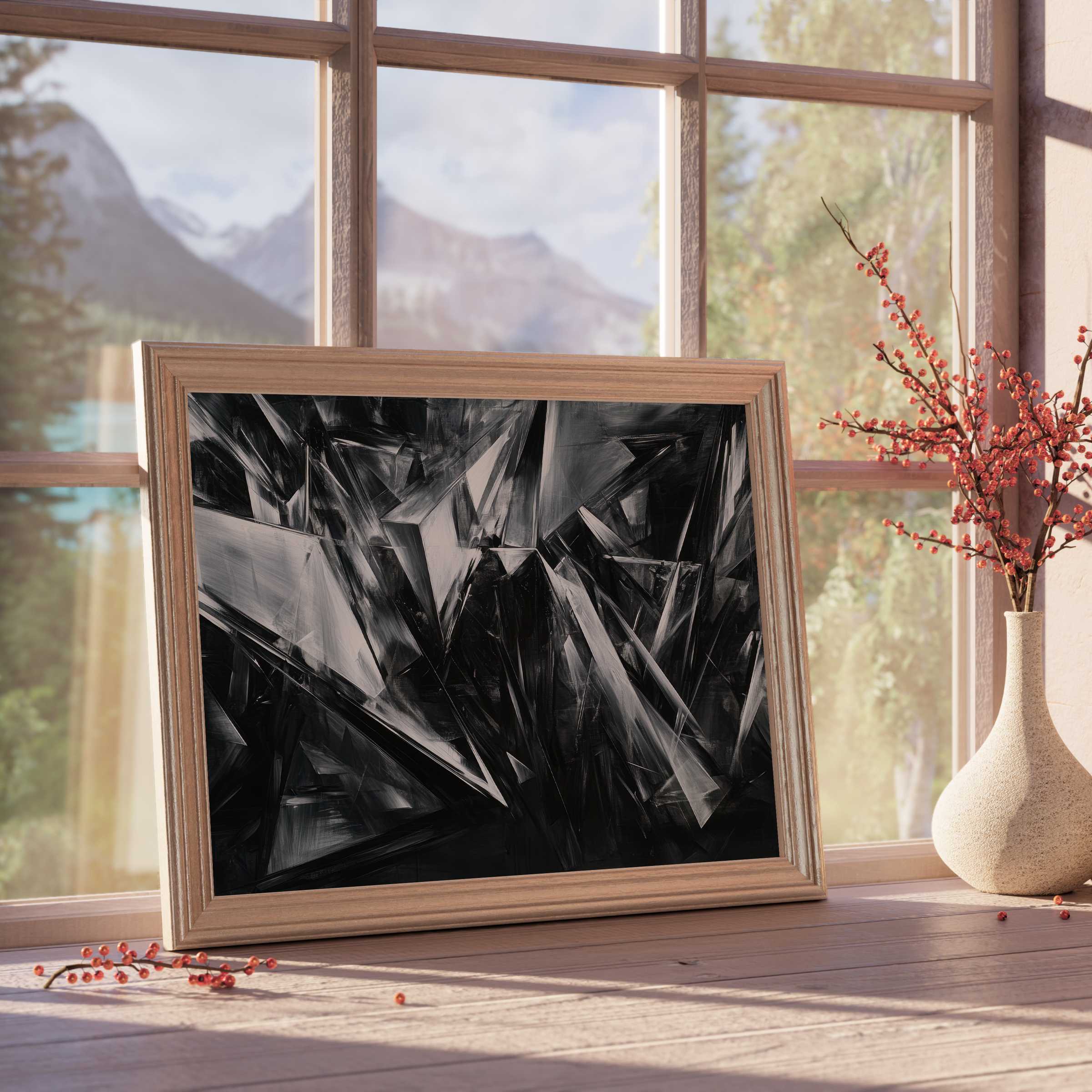 Sophisticated abstract downloadable art in monochrome shades, evoking depth and dynamic energy for elevated, tranquil interiors