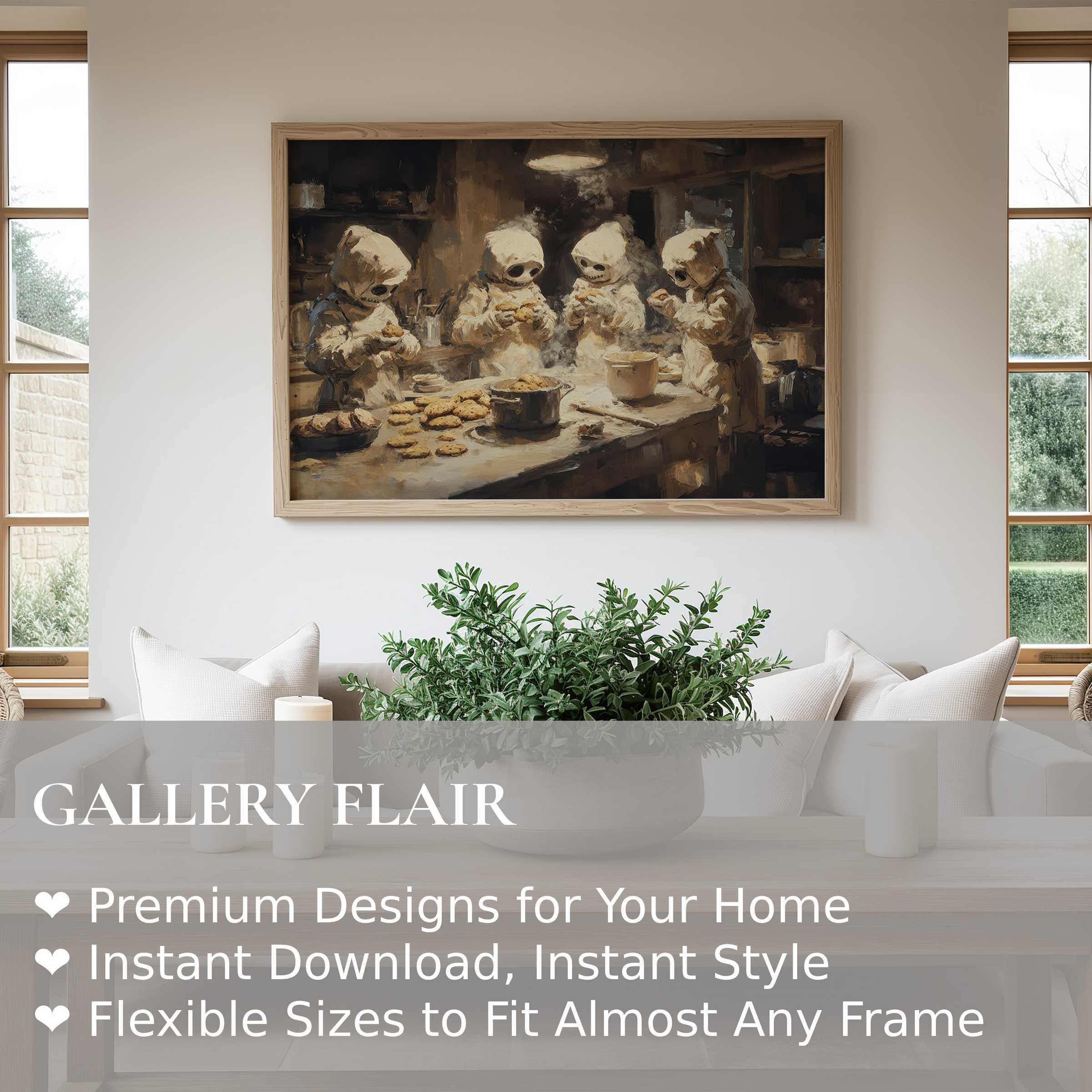 Halloween wall art print featuring whimsical ghostly figures baking cookies, adding a bold, vintage charm to modern minimalist interiors