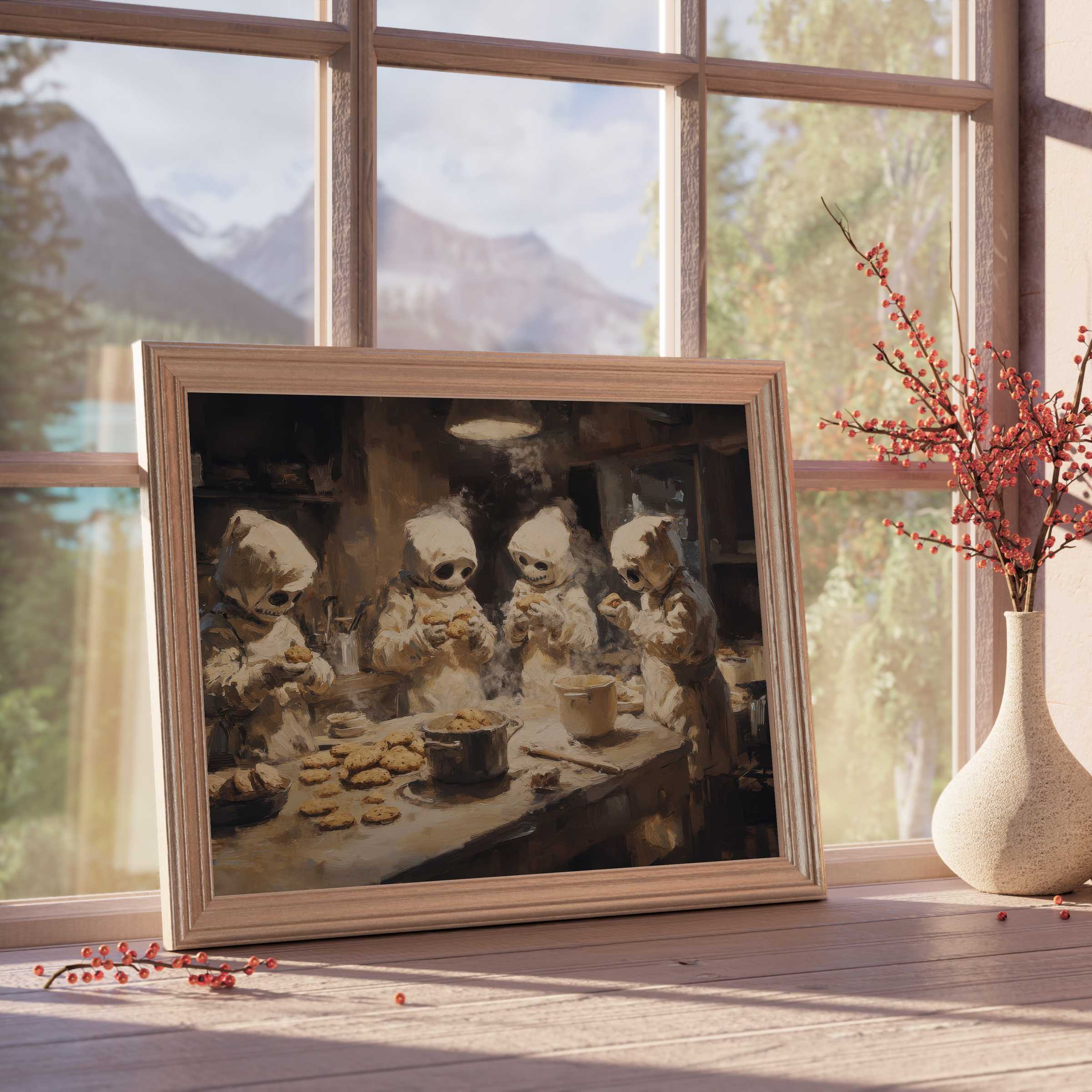 Halloween downloadable art featuring whimsical skeleton bakers crafting treats in warm, moody tones-perfect for curated, elegant interiors
