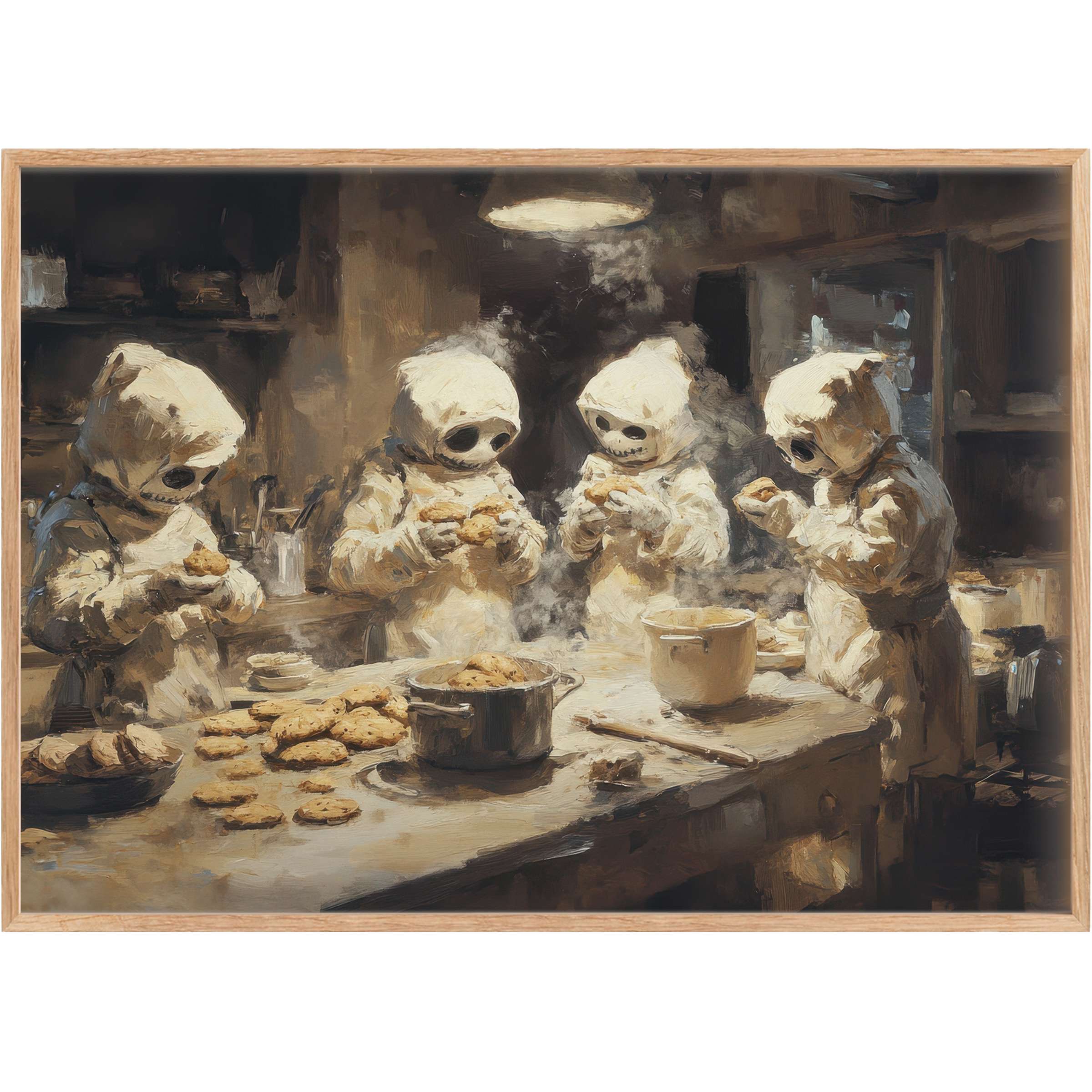 Whimsical halloween printable wall art featuring ghostly bakers in warm sepia tones, evoking cozy, eerie charm
