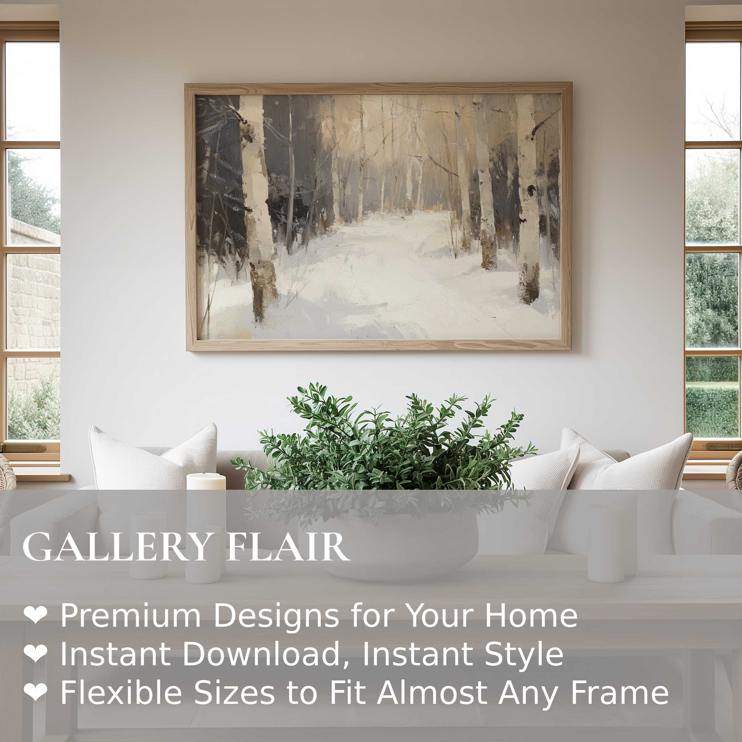 Serene tree wall art print featuring a soft, muted birch forest that elevates modern minimalist living spaces with calming elegance