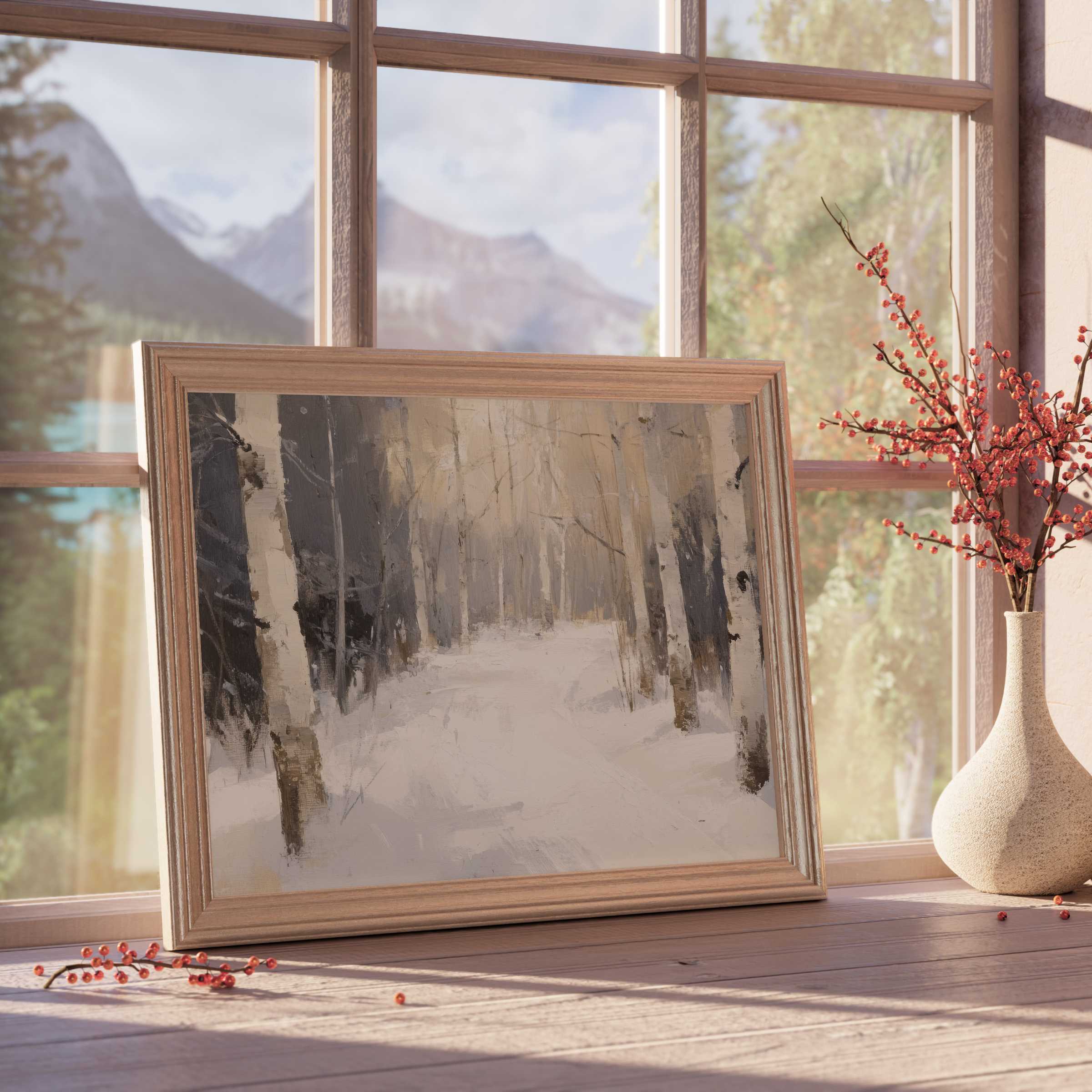 Tree downloadable art capturing a serene winter forest path in muted tones, perfect for tranquil, refined decor
