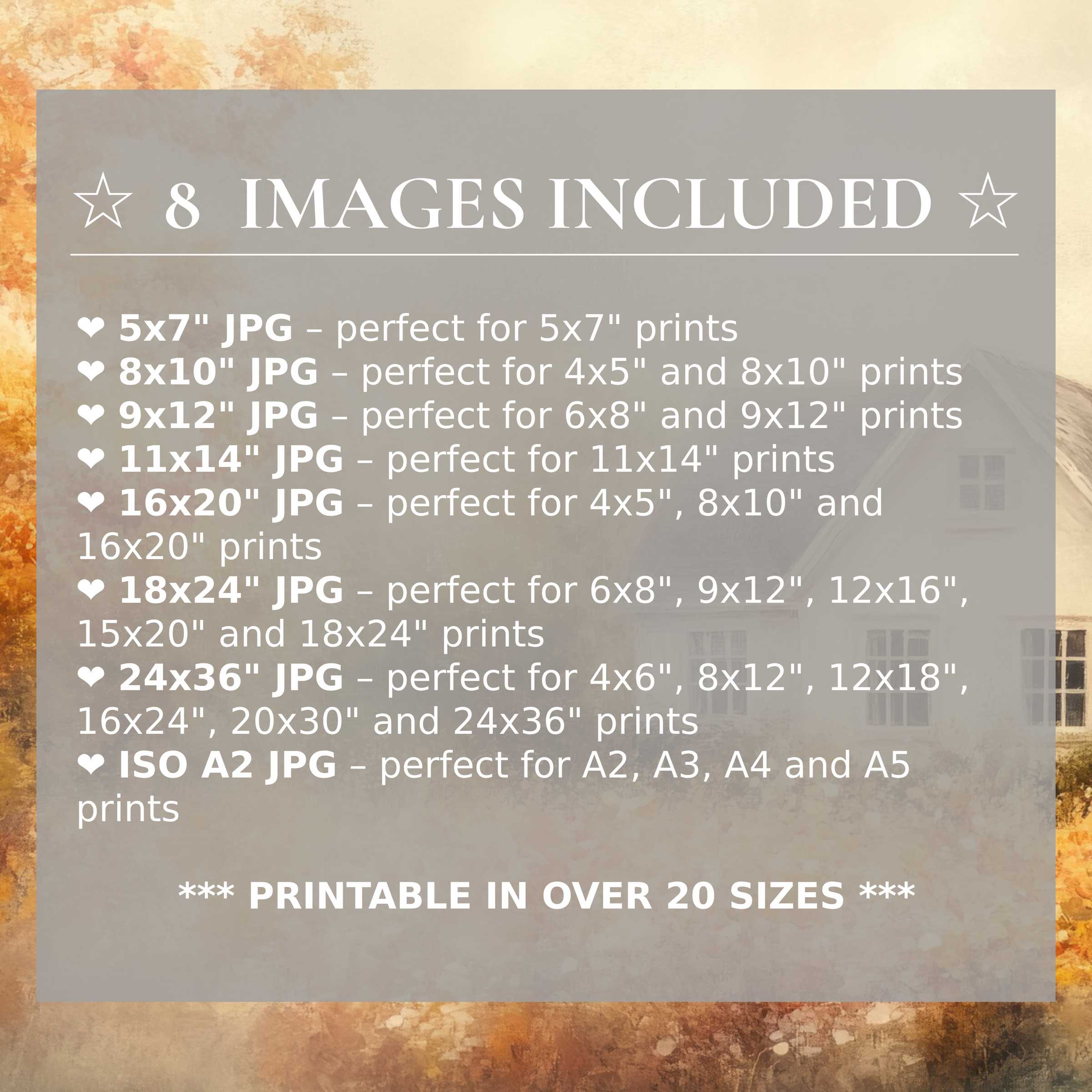 Fall digital print radiates warm amber and soft cream hues, uplifting modern interiors with timeless style; includes 8 high-quality sizes in one download