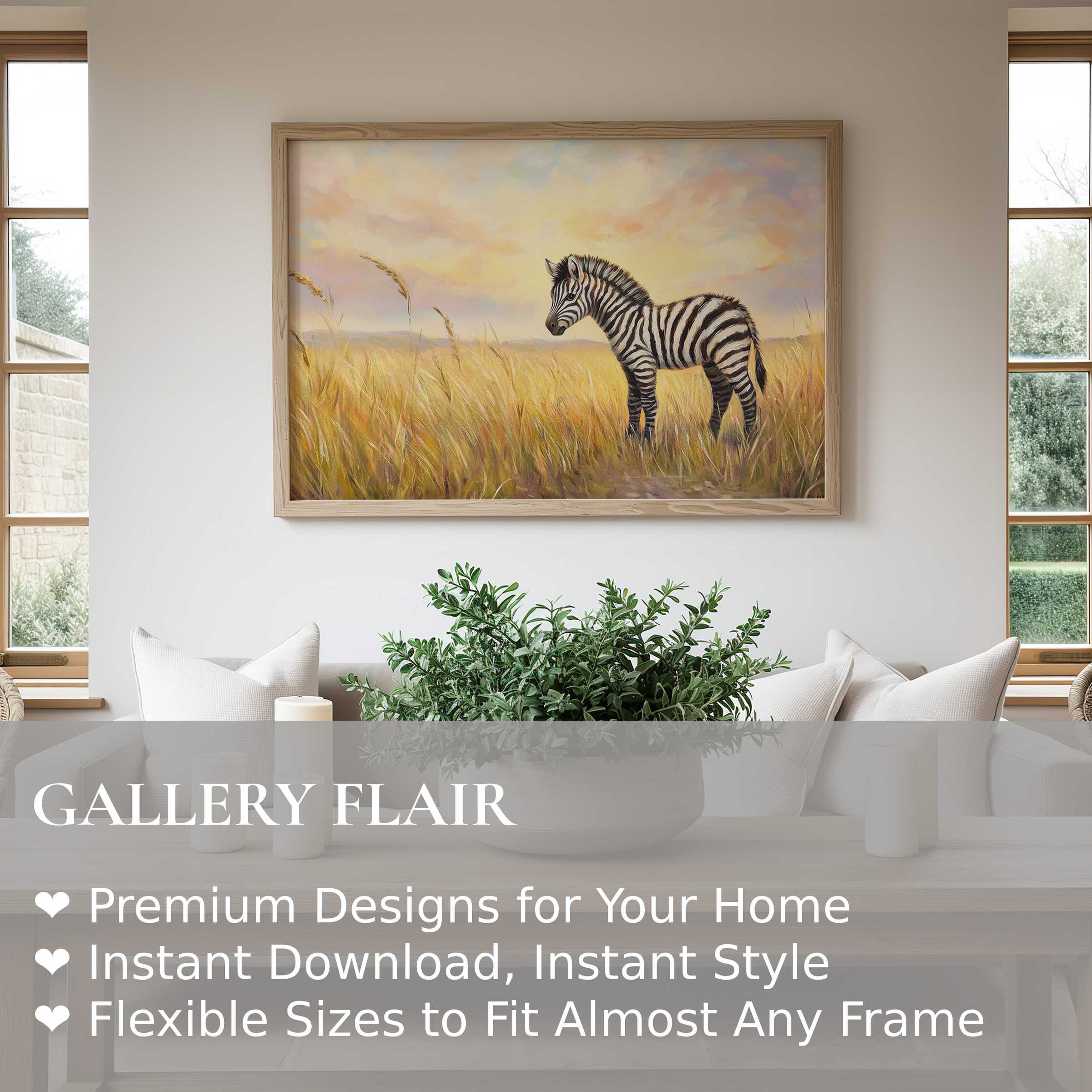 Nursery wall art print featuring a serene baby zebra in golden grass, adding soft, calming charm to modern minimalist interiors
