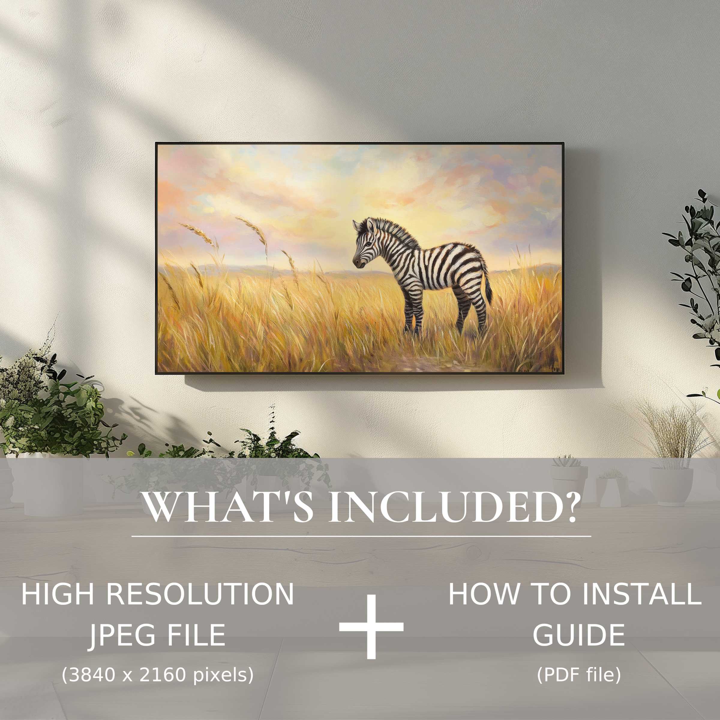 Elegant nursery digital TV art download featuring a serene zebra, enhancing spaces with effortless digital charm