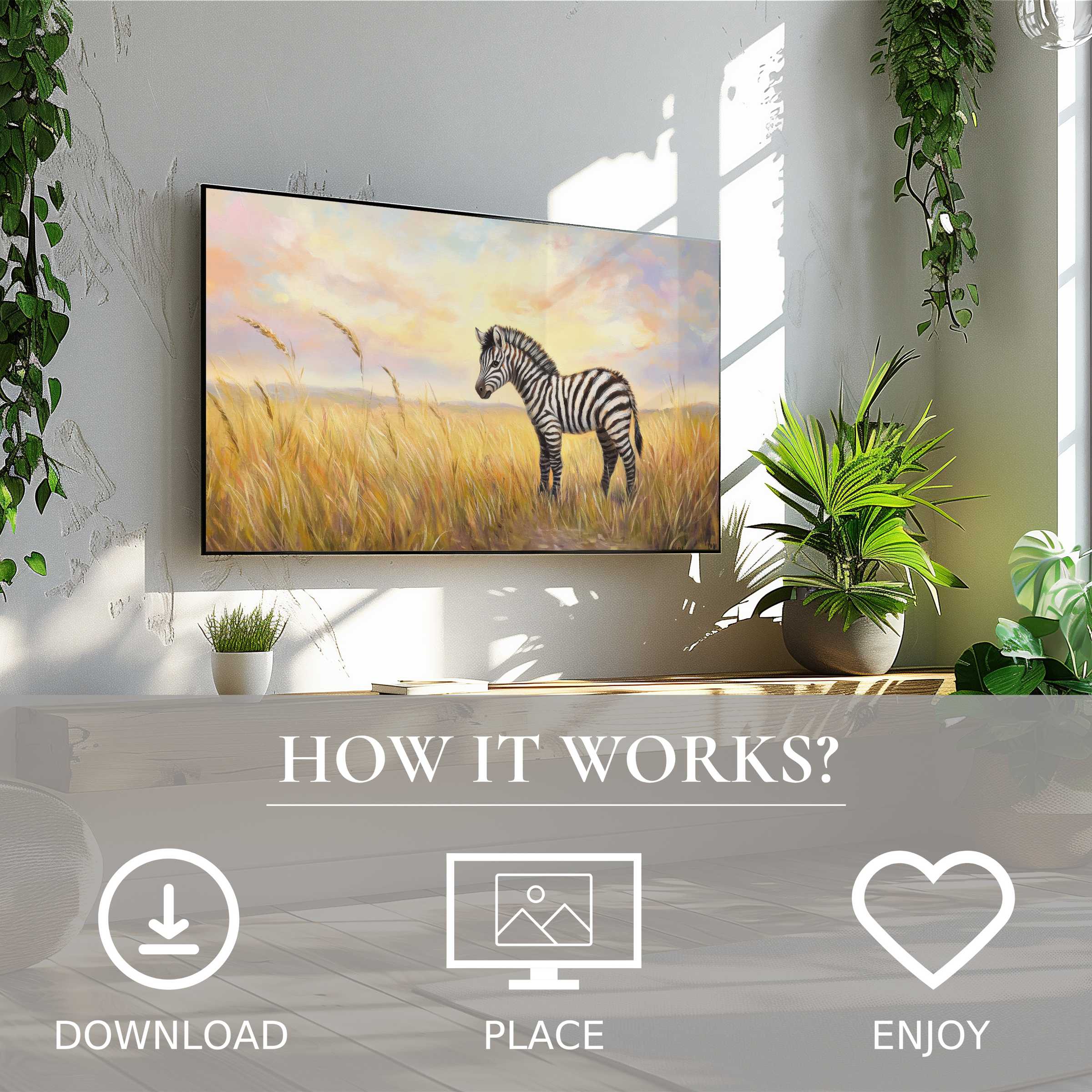 Nursery art for Samsung TV showing soft sunset tones and a zebra; easy digital download enriches your modern space