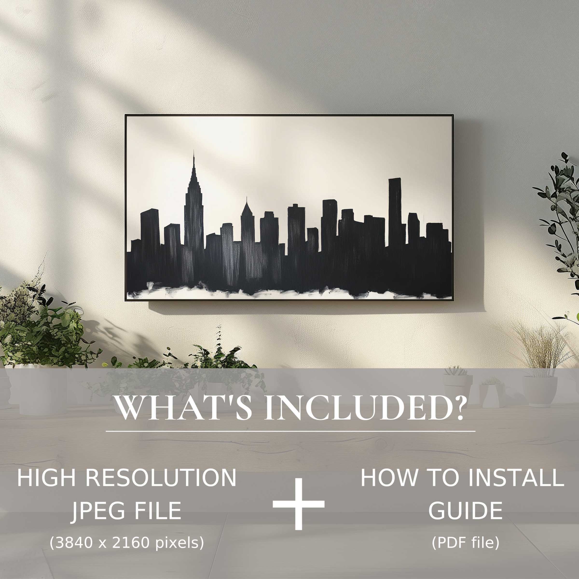 Elegant black and white digital TV art download enhances your modern living space with easy digital use and chic city skyline design