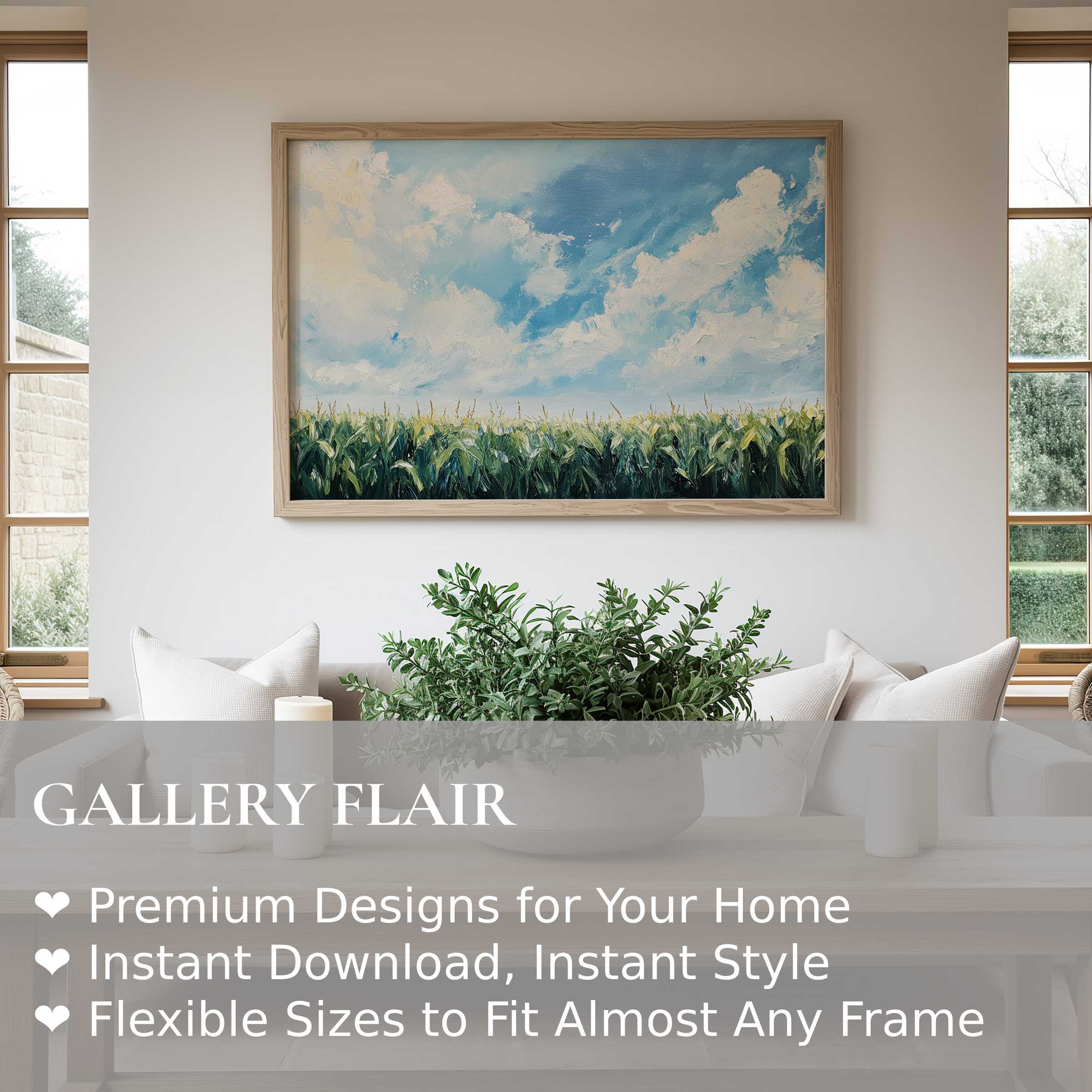 Farmhouse wall art print featuring a radiant cornfield under a soft blue sky, enhancing modern rustic interiors with calming natural charm