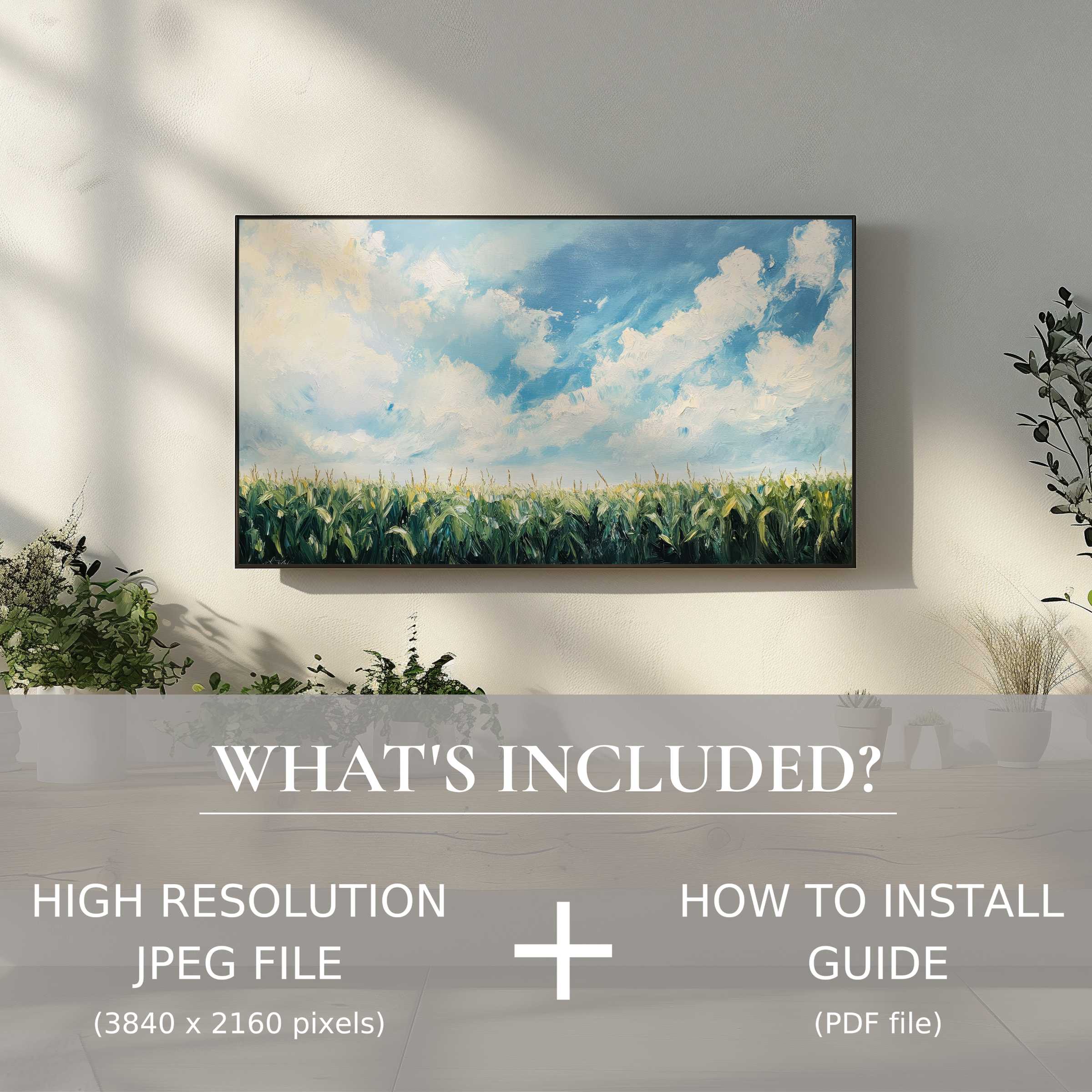Farmhouse digital TV art download showcasing serene sky and field, elevating living spaces with easy digital use