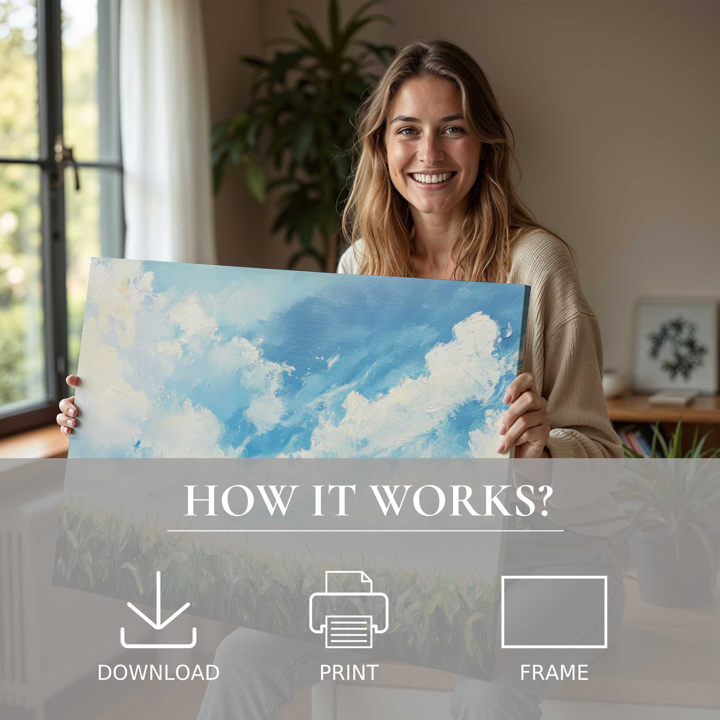 Radiant farmhouse digital art print transforms modern interiors, inspiring joy and effortless elegance through warm, airy moments