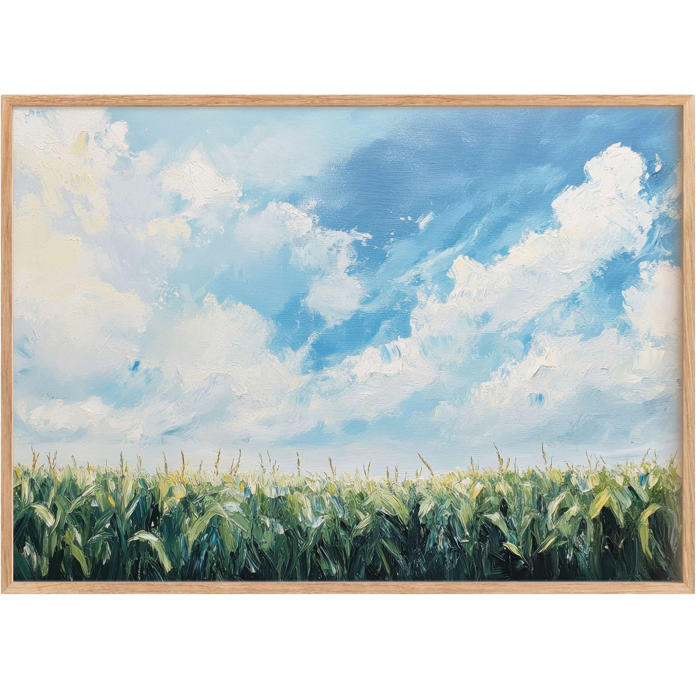 Lush green cornfield beneath a serene sky, evoking peaceful, airy vibes-perfect farmhouse printable wall art to elevate your home