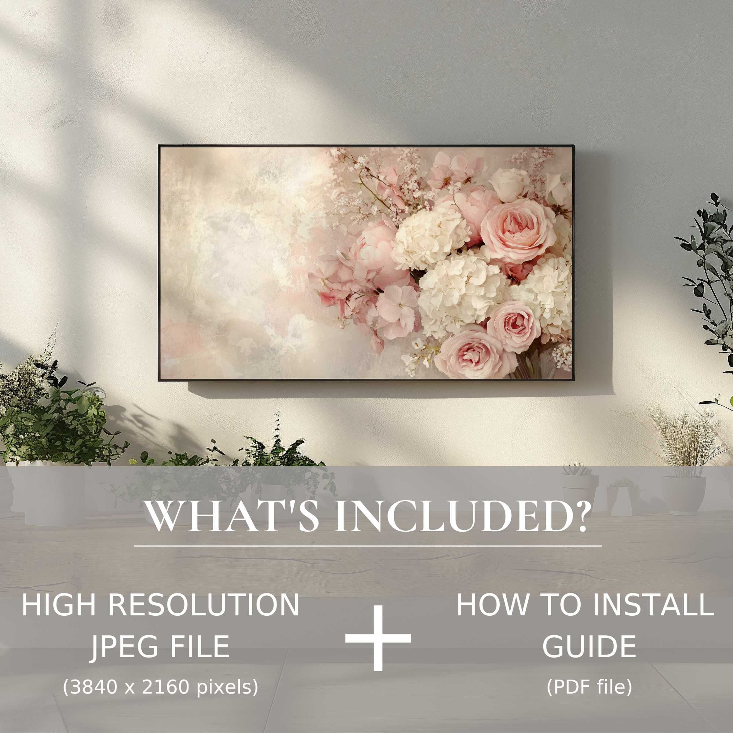 Elegant floral digital TV art download, easy to use, enhances modern living spaces with timeless beauty