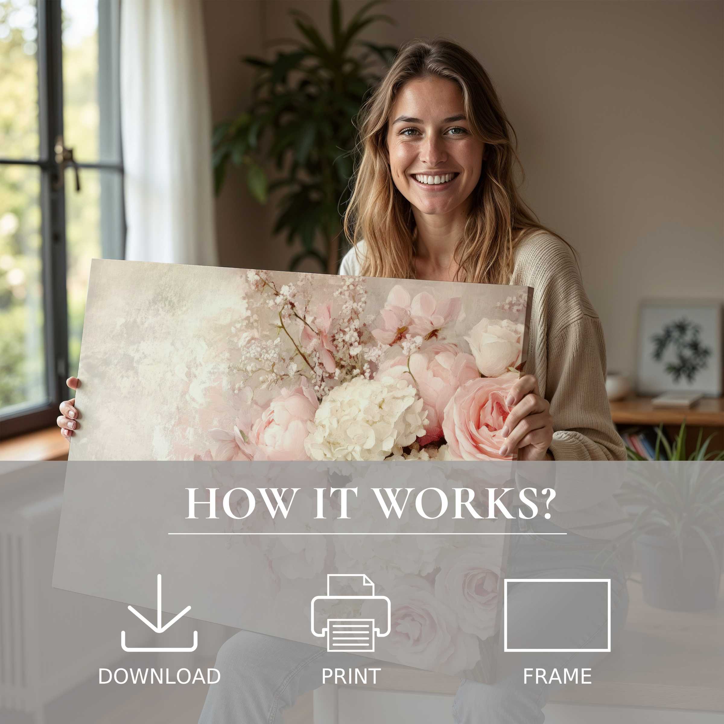 Woman in a modern home radiates joy as she embraces a soft-toned floral digital art print, elevating her living space with timeless elegance