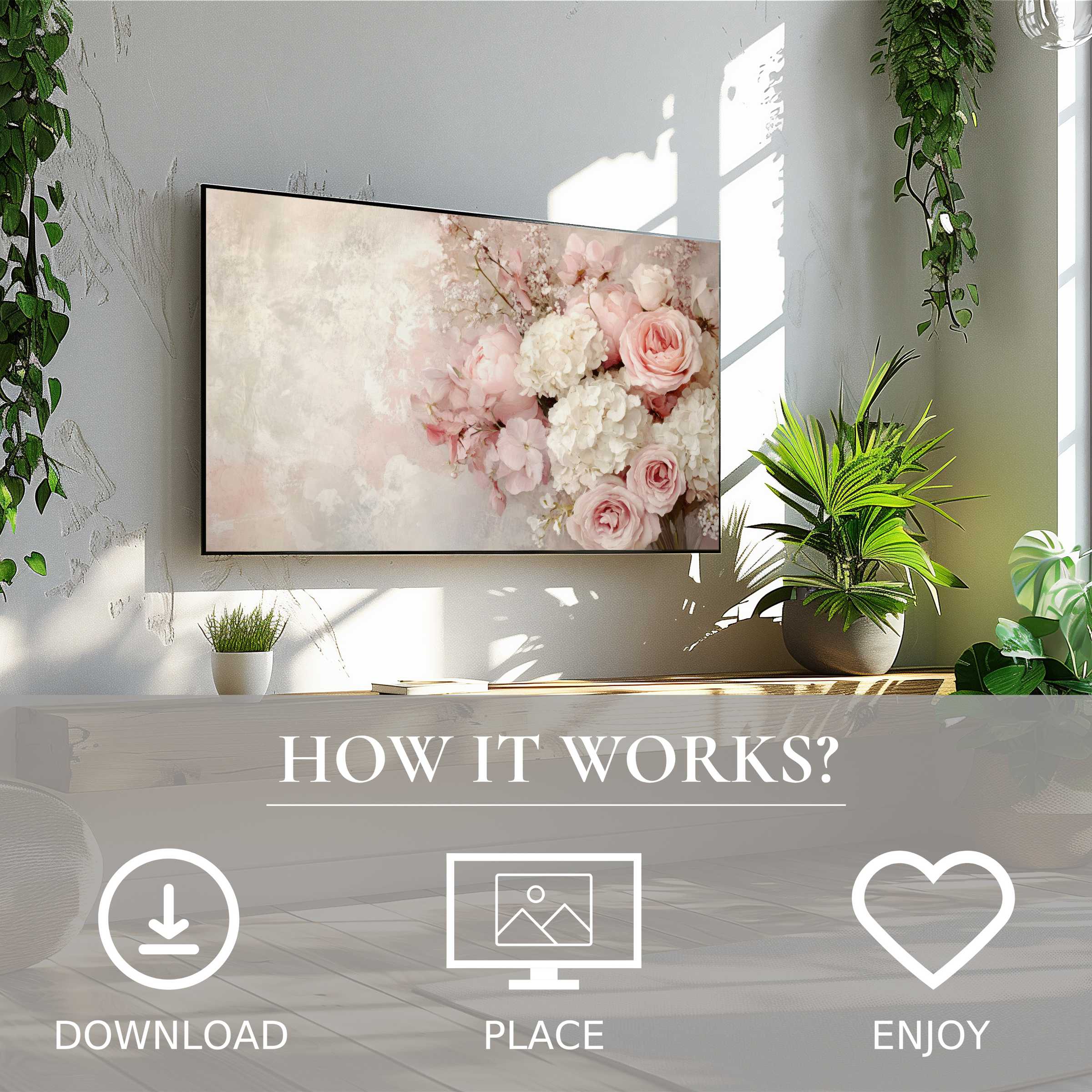 Floral art for Samsung TV: soft pastel blooms enhance stylish living spaces with easy digital download décor