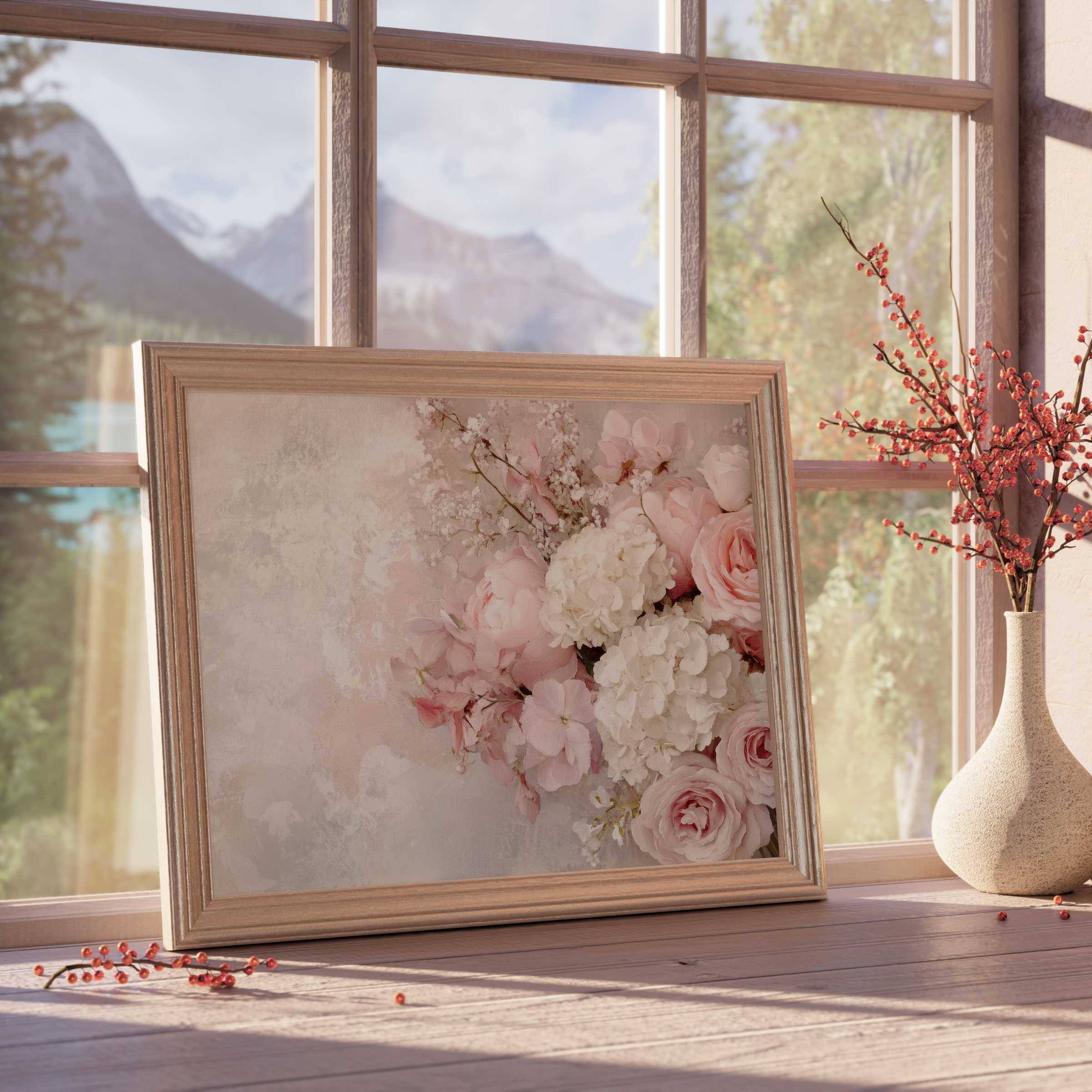 Floral downloadable art with soft pink roses and white hydrangeas, elevating serene, curated interiors with timeless elegance