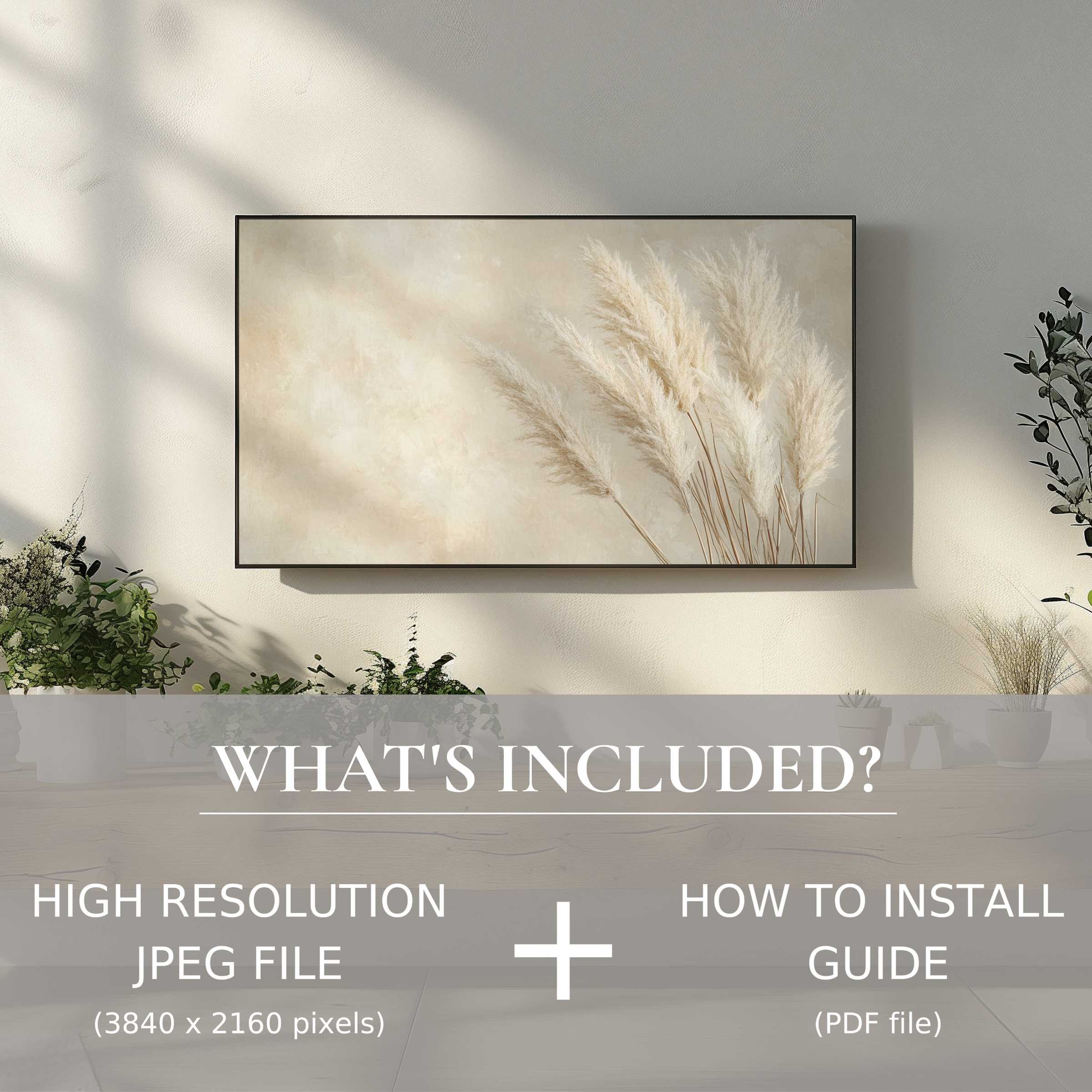 Elegant boho digital TV art download with pampas grass design, easy digital use enhances serene, styled living spaces