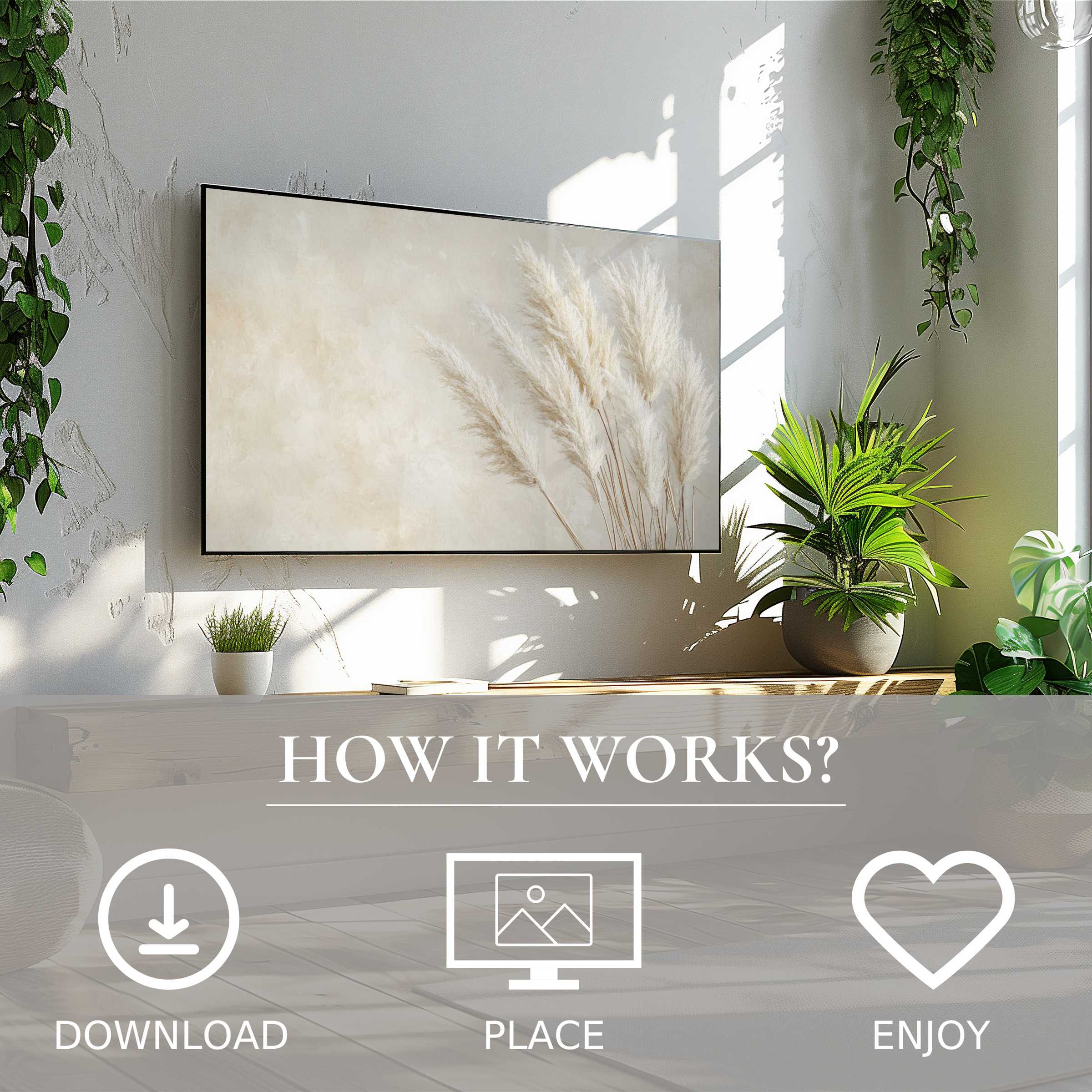 Boho art for Samsung TV: digital download with soft pampas in neutral tones enriches bright, modern living spaces