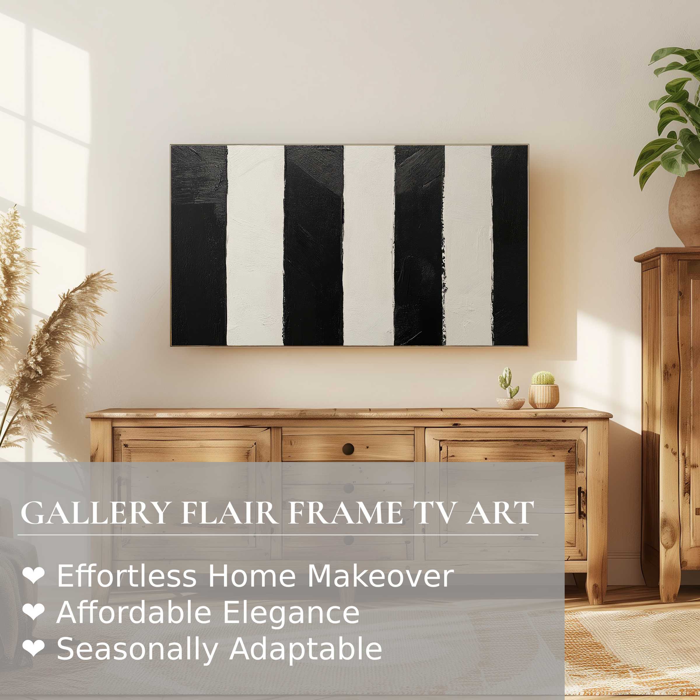 Elegant neutral digital artwork in black and white stripes on Samsung Frame TV in warm, modern living room