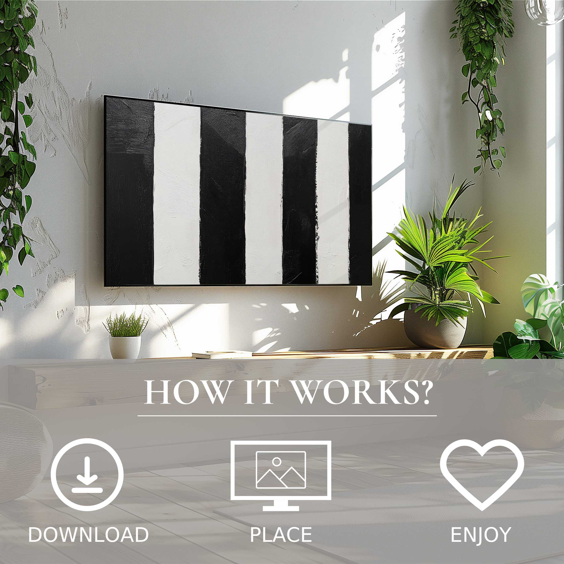 Modern living room with neutral art for Samsung TV; bold black and white stripes, easy digital download enhances space