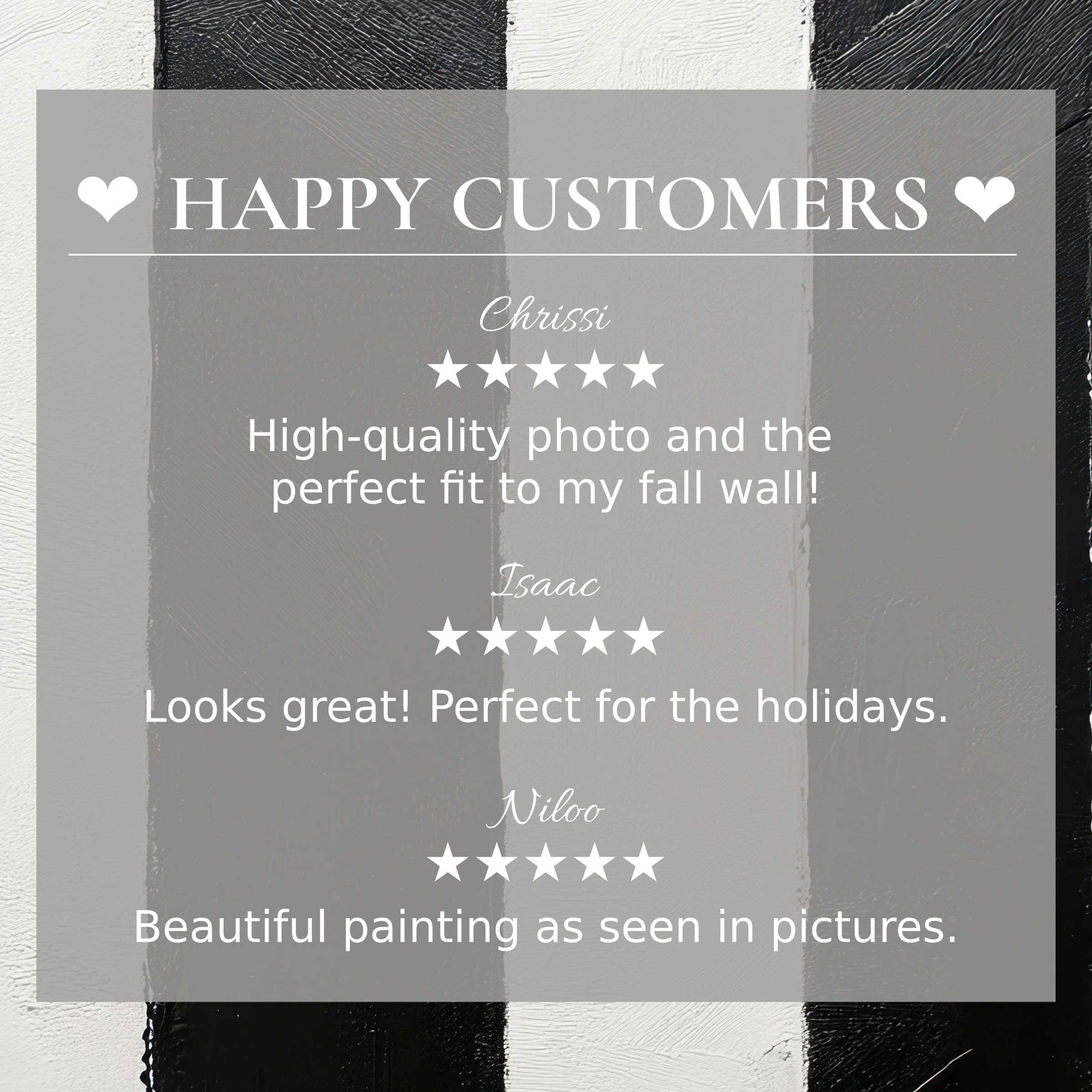 Happy customer reviews highlight trust in neutral art for Frame TV with elegant black and gray striped background