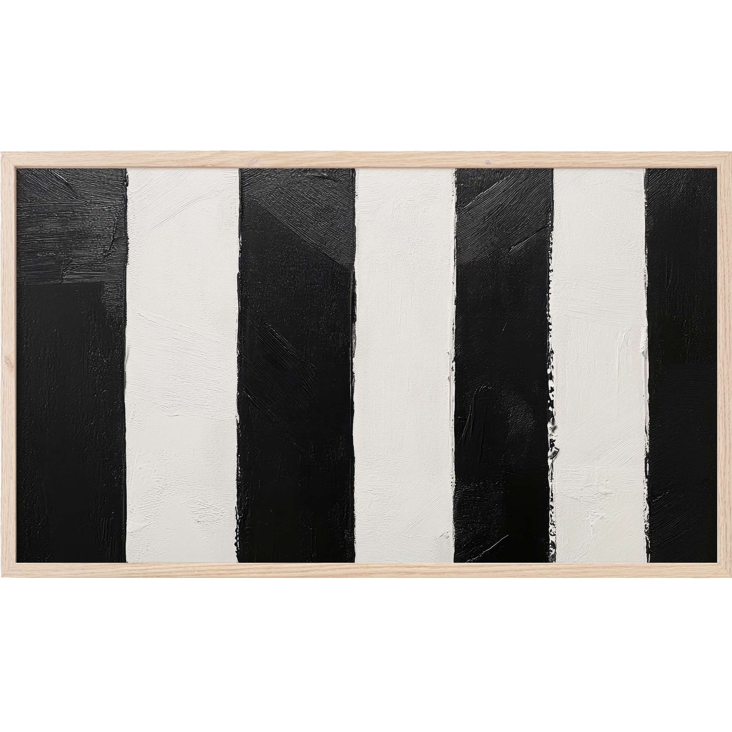 Bold black and white vertical stripes with textured brushstrokes in a natural wood frame, perfect neutral Frame TV Art