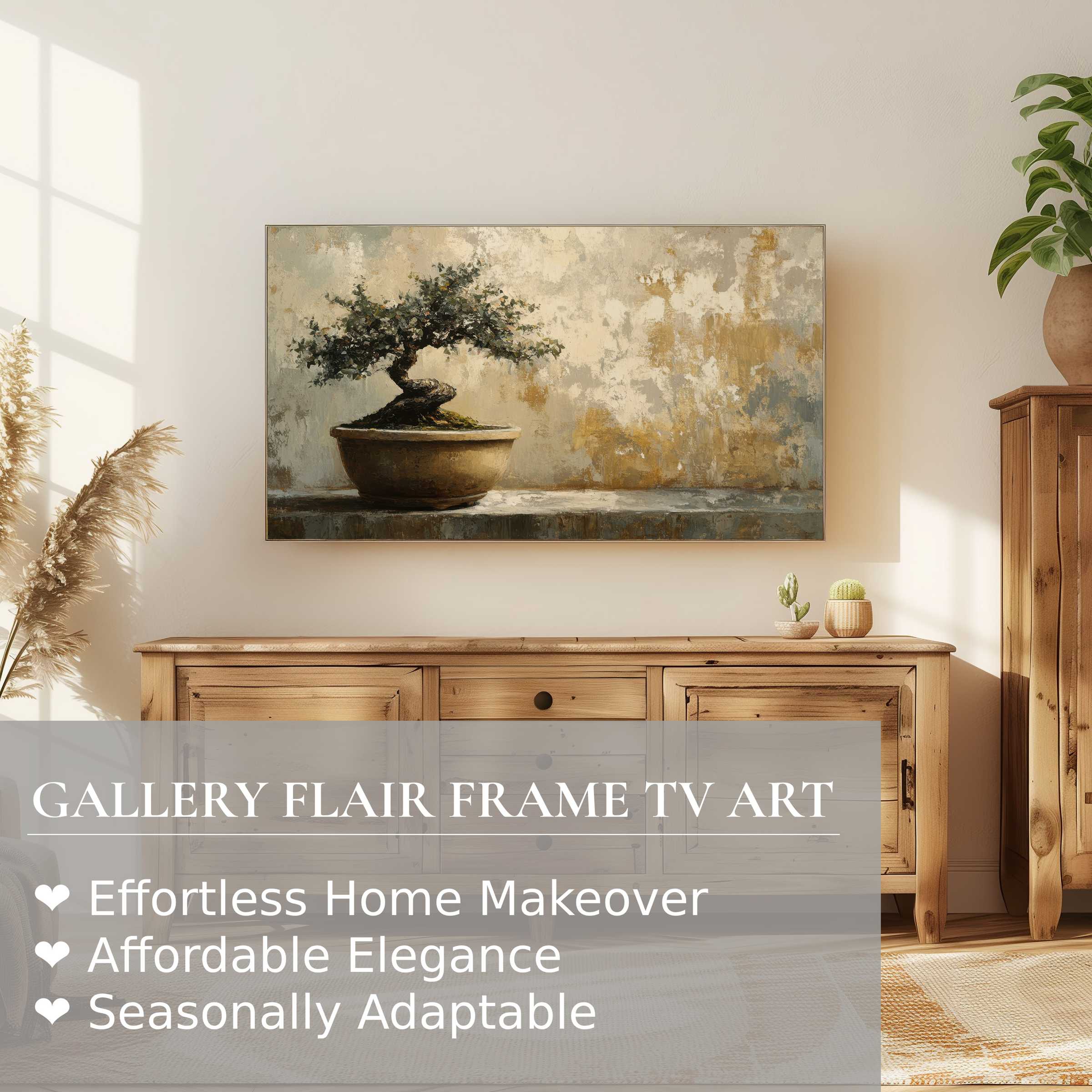 Samsung Frame TV displays serene botanical digital artwork of a bonsai in warm, modern home decor setting