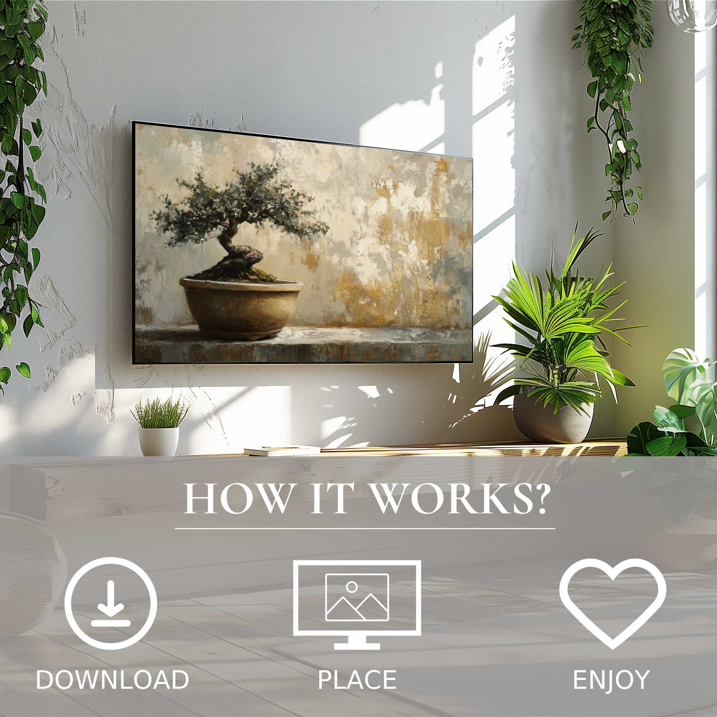 Botanical art for Samsung TV shows a serene bonsai in soft earth tones, easy digital download enriches your modern space