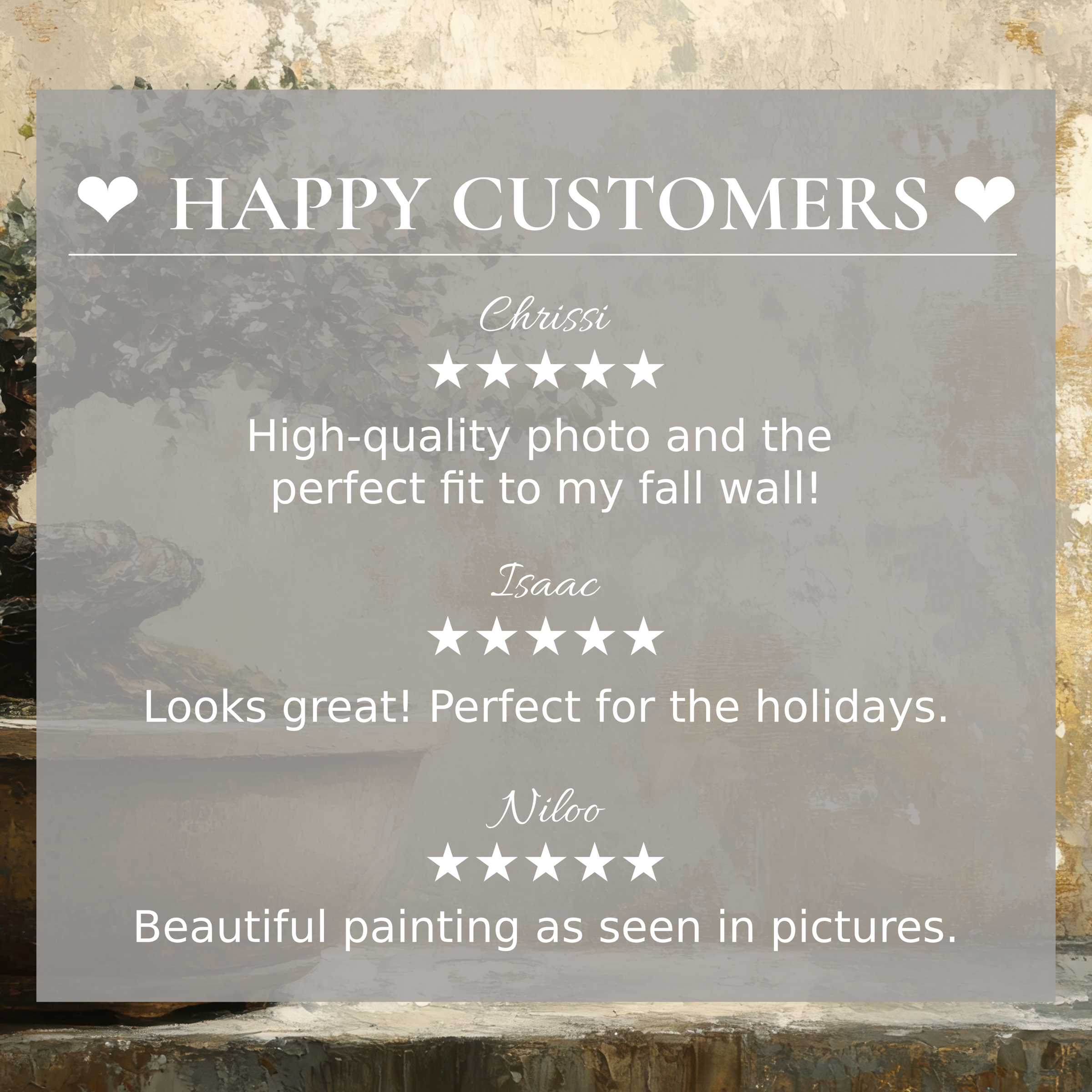 Positive reviews from happy customers on botanical art for Frame TV with elegant, textured background design