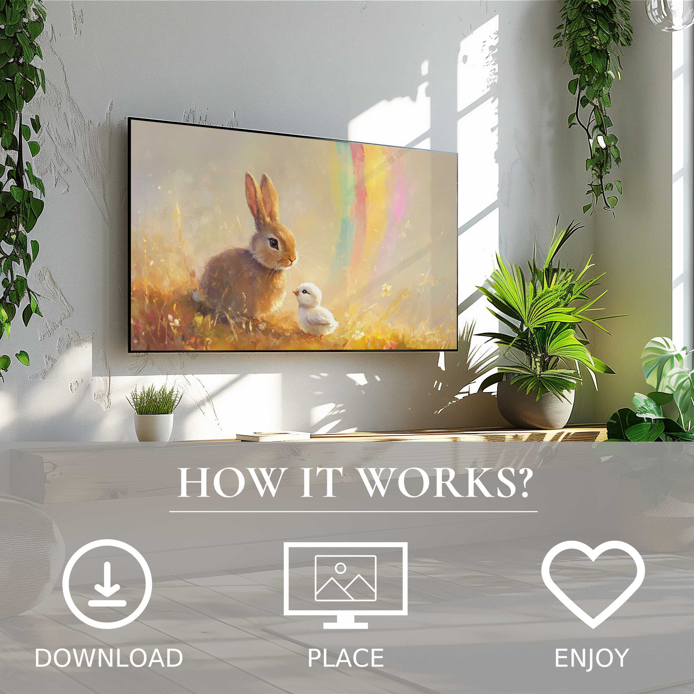 Modern living room with easter art for Samsung TV, soft warm tones, digital download enriches space easily