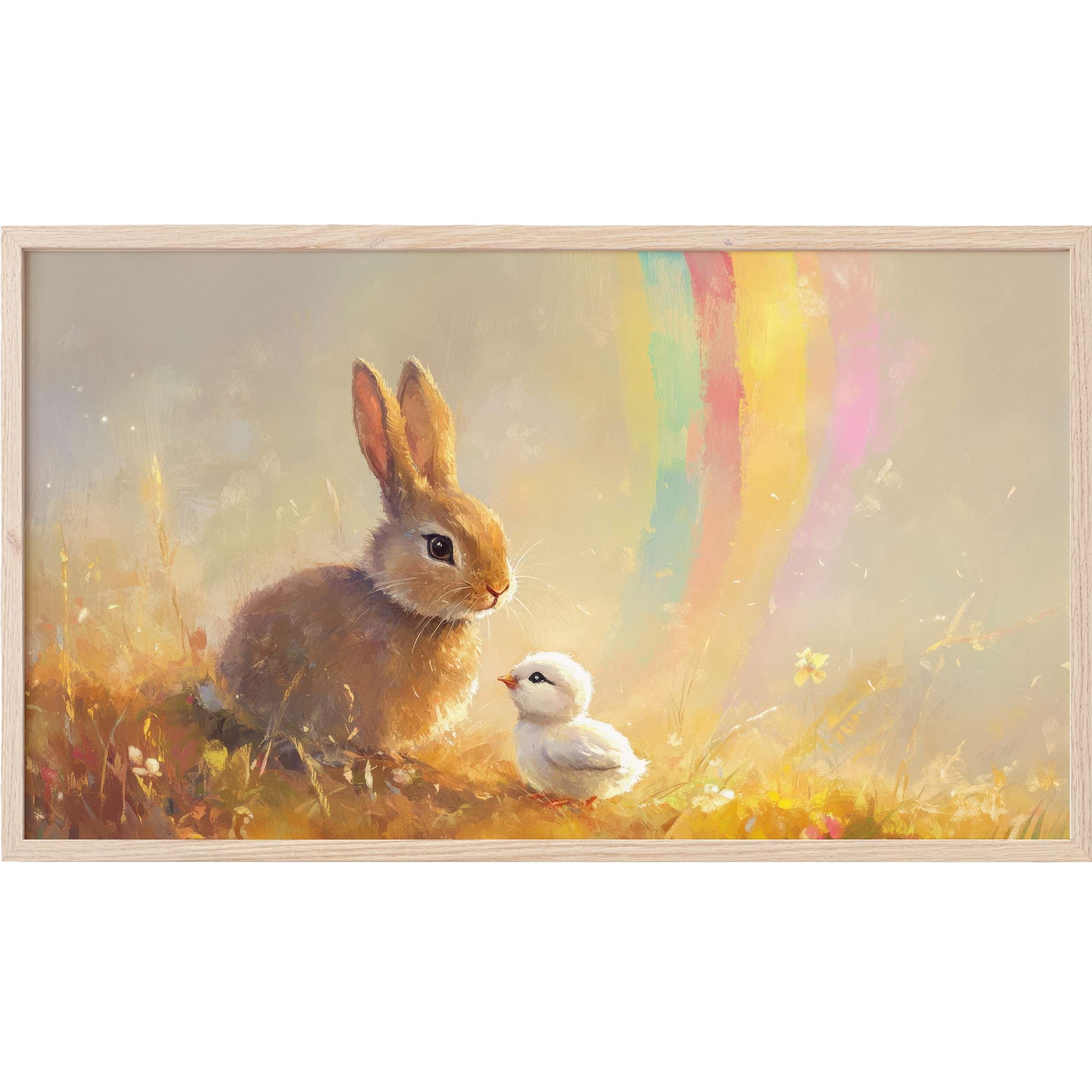 easter Frame TV Art of a soft, warm bunny and chick with pastel rainbow hues in a dreamy, impressionist style