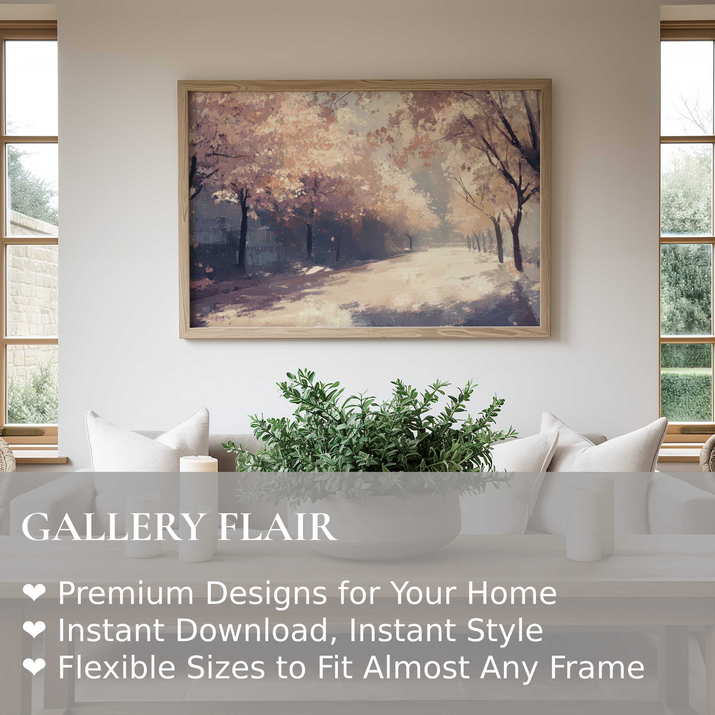 Soft, radiant spring wall art print of blossoming trees enhances this serene modern living room with calming pastel hues and natural elegance