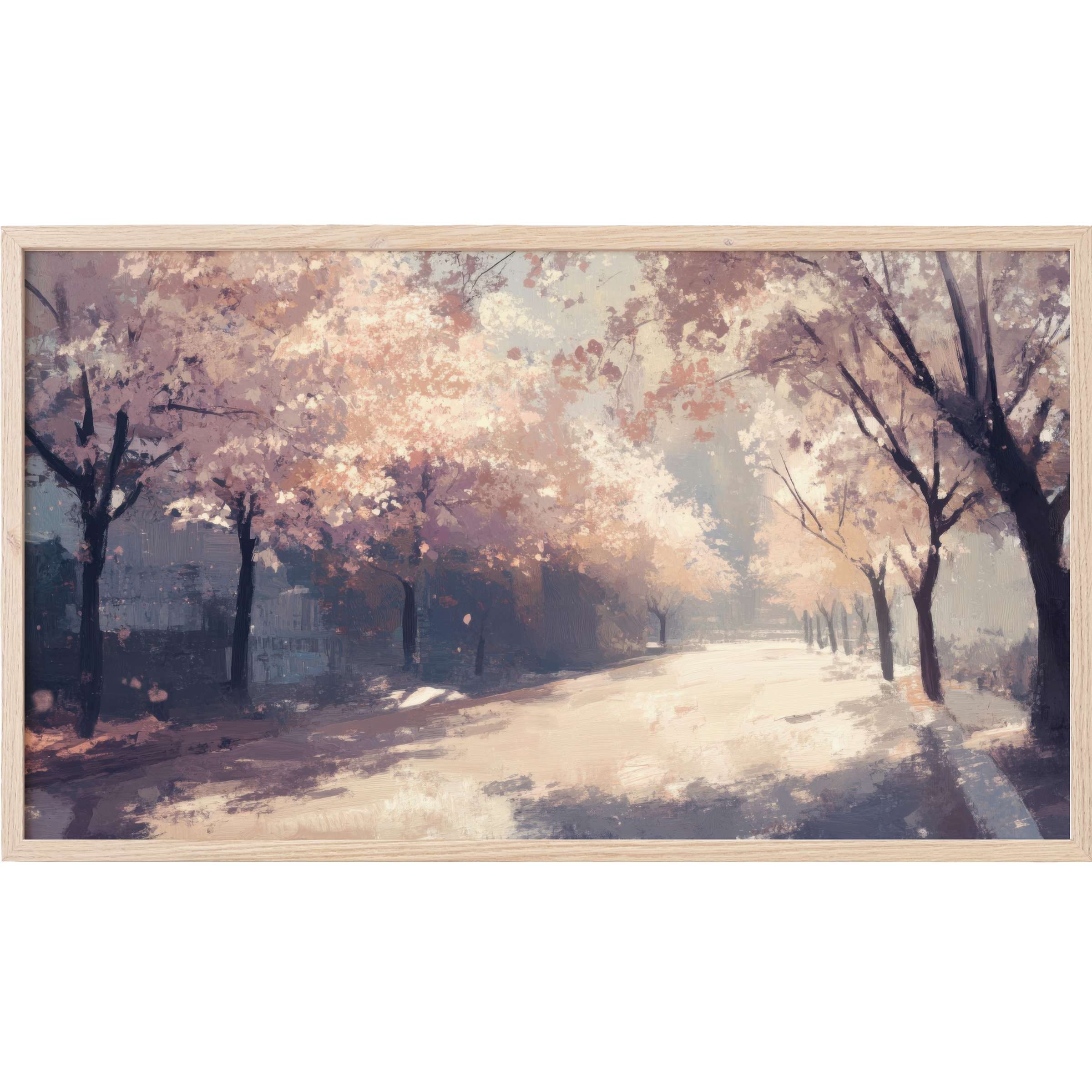 Elegant impressionist landscape with soft pink and lavender blossoms, muted tones, perfect spring Frame TV Art