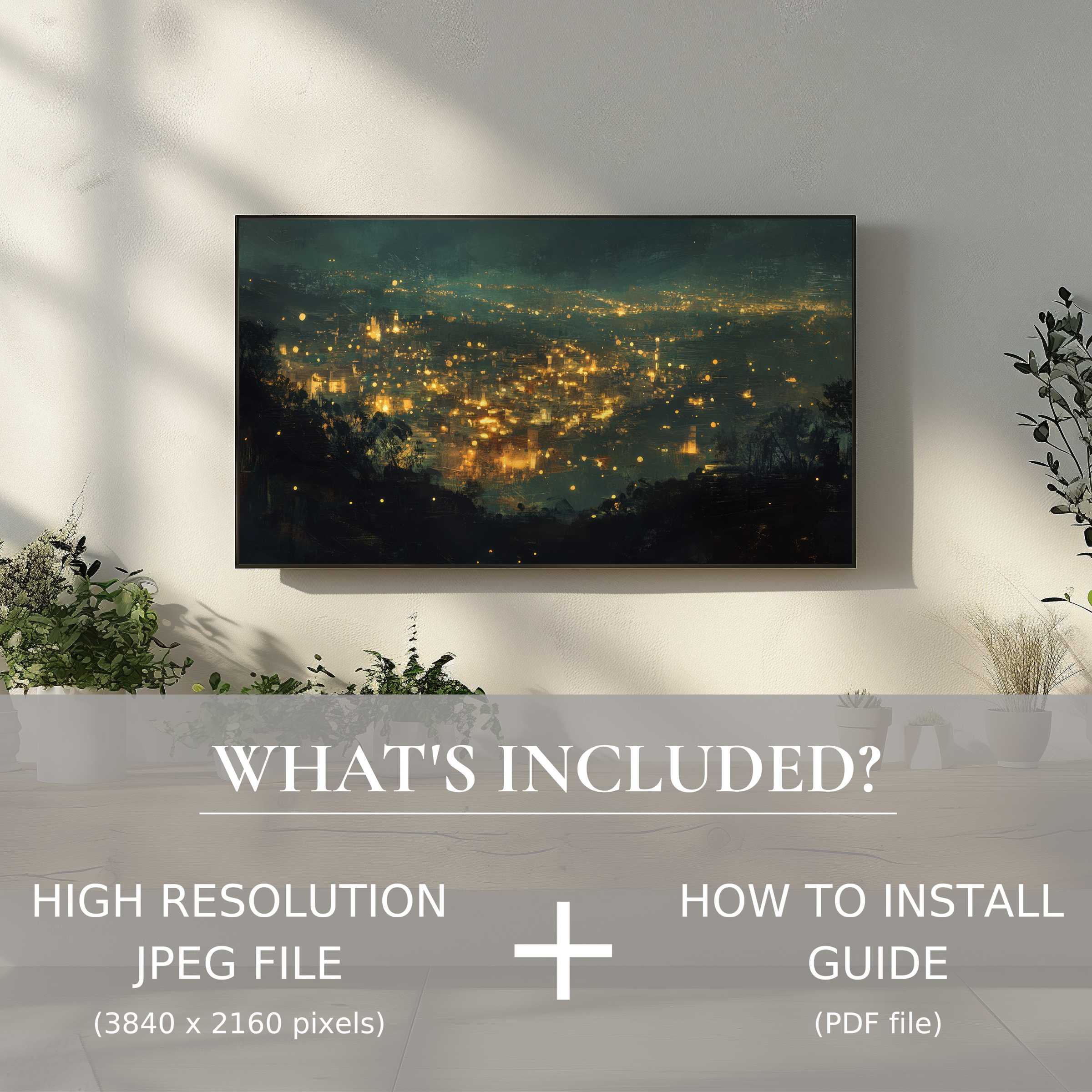 Elegant living room with urban digital TV art download, easy to use, enriching space with vibrant cityscape glow