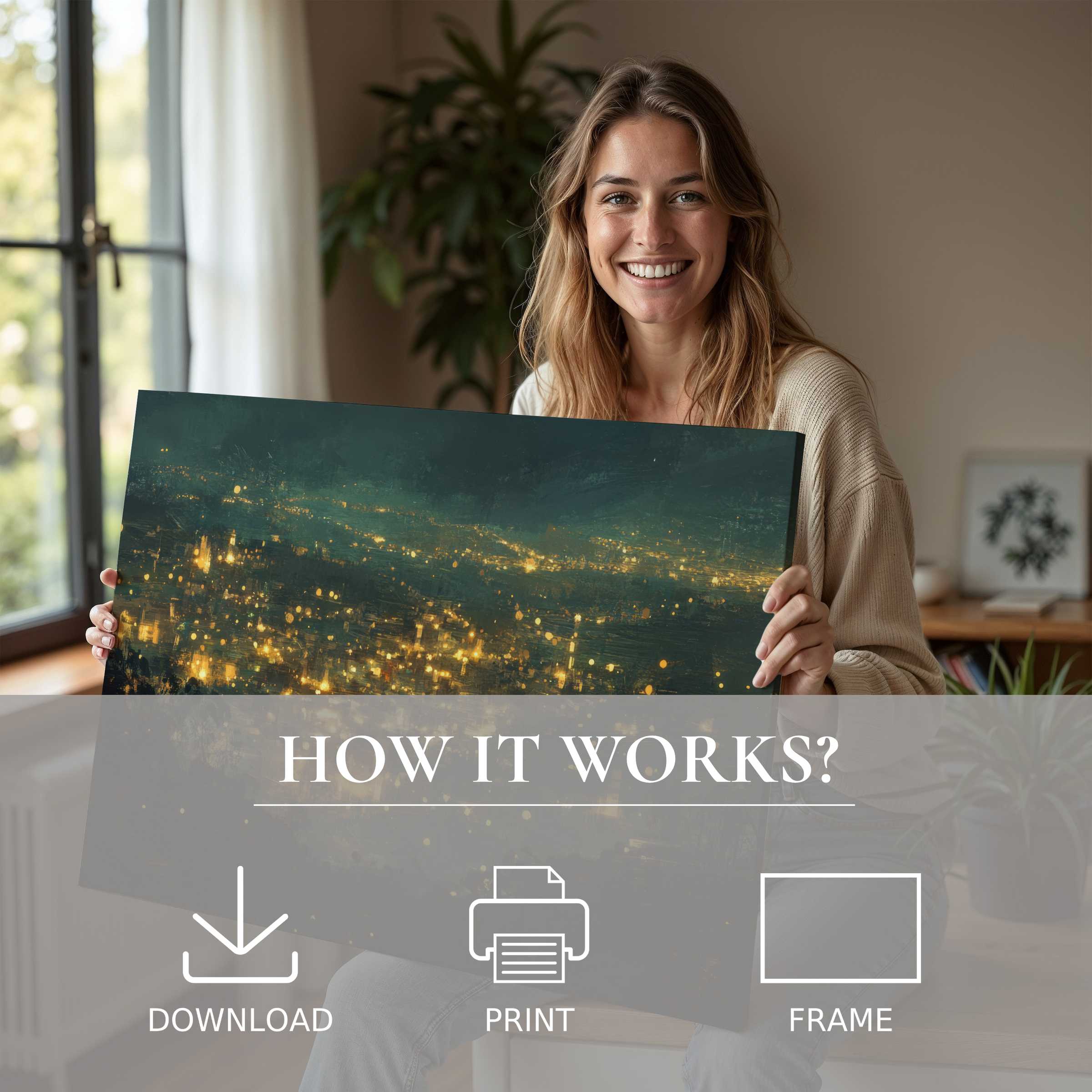 A serene moment in a stylish home where urban digital art print glows with golden city lights, inviting joy and effortless elegance