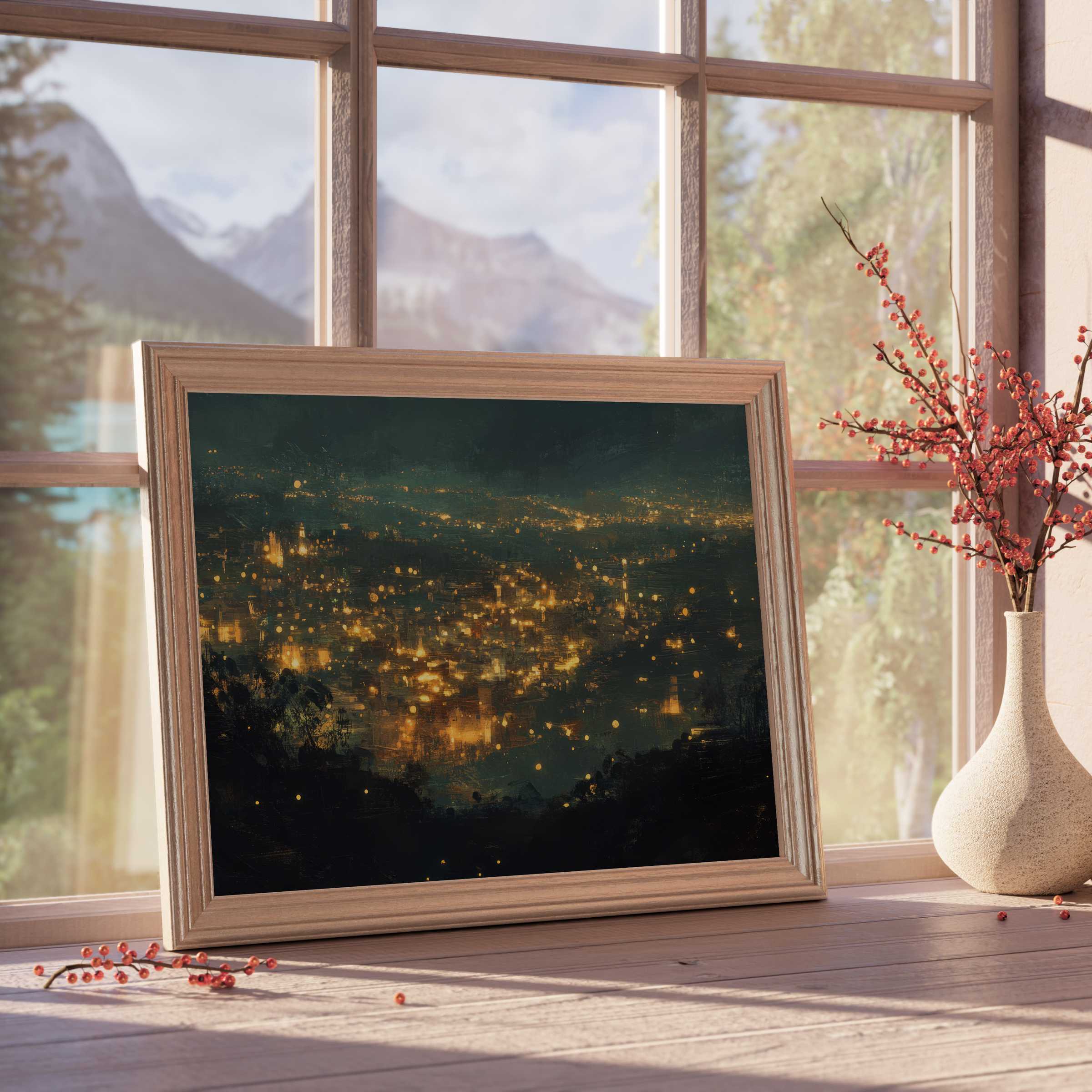 Urban downloadable art capturing a luminous cityscape at night, infusing curated interiors with vibrant warmth and modern elegance