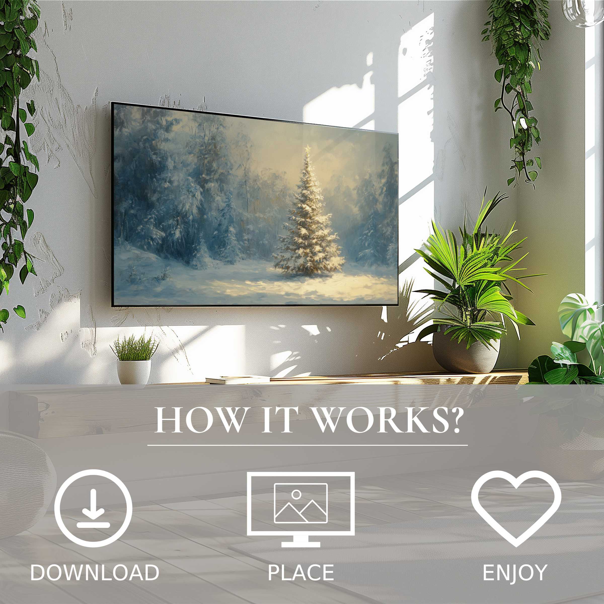 Modern living room with easy digital download of christmas art for Samsung TV showing soft, snowy winter tree scene