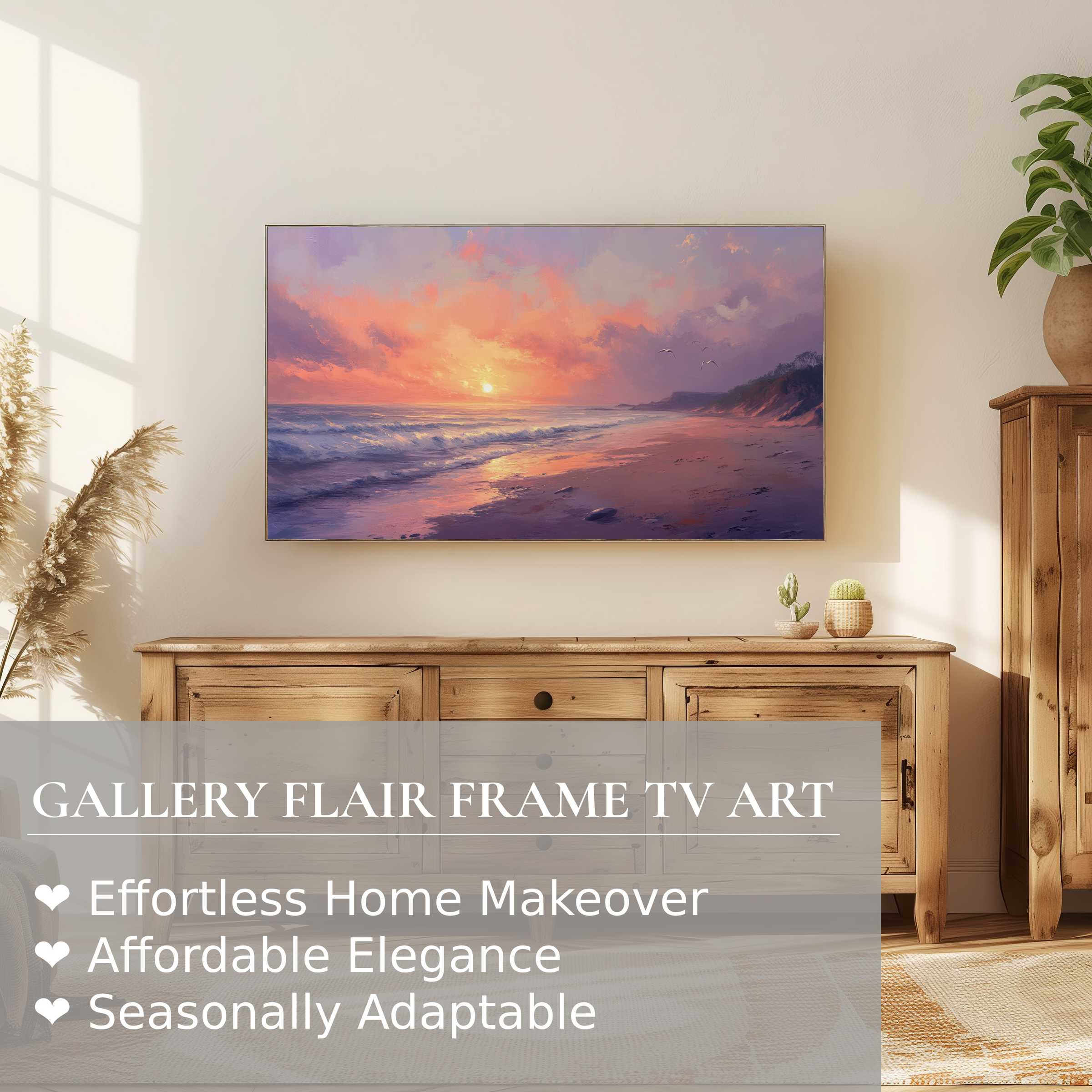 Samsung Frame TV displays coastal digital artwork in soft sunset hues, enhancing modern, serene home decor