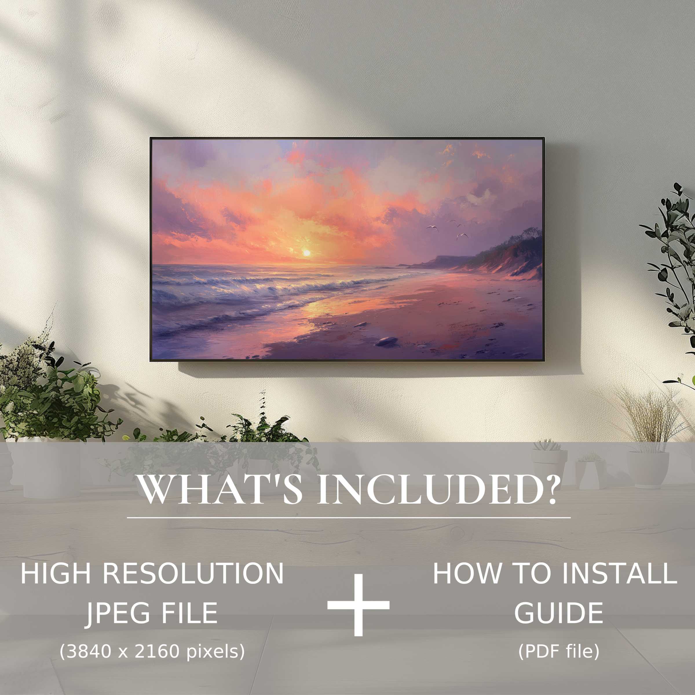 Elegant coastal digital TV art download with easy use, enhancing modern living spaces with serene sunset beach views