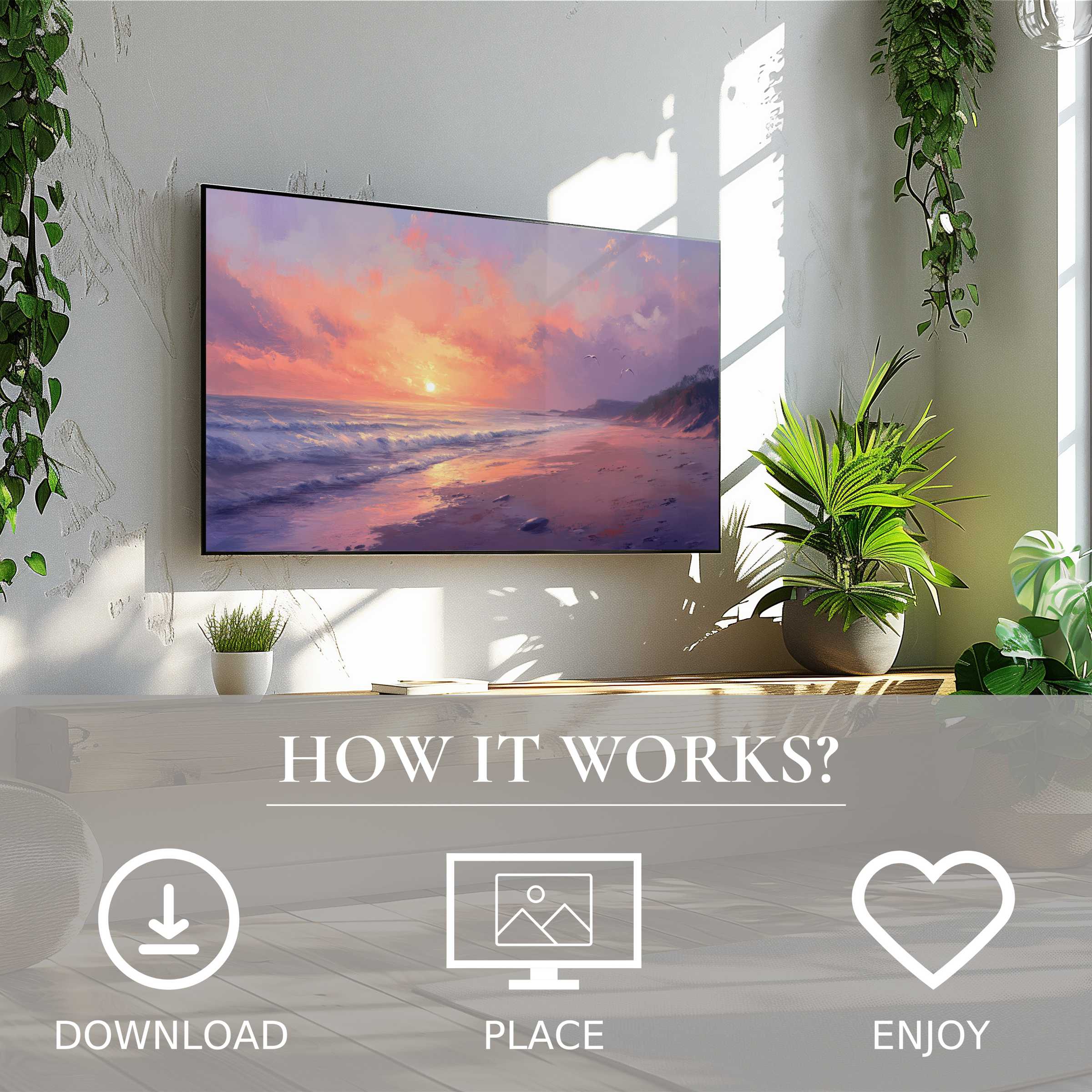 Coastal art for Samsung TV shows soft sunset tones on Frame TV; easy digital download enriches modern living spaces