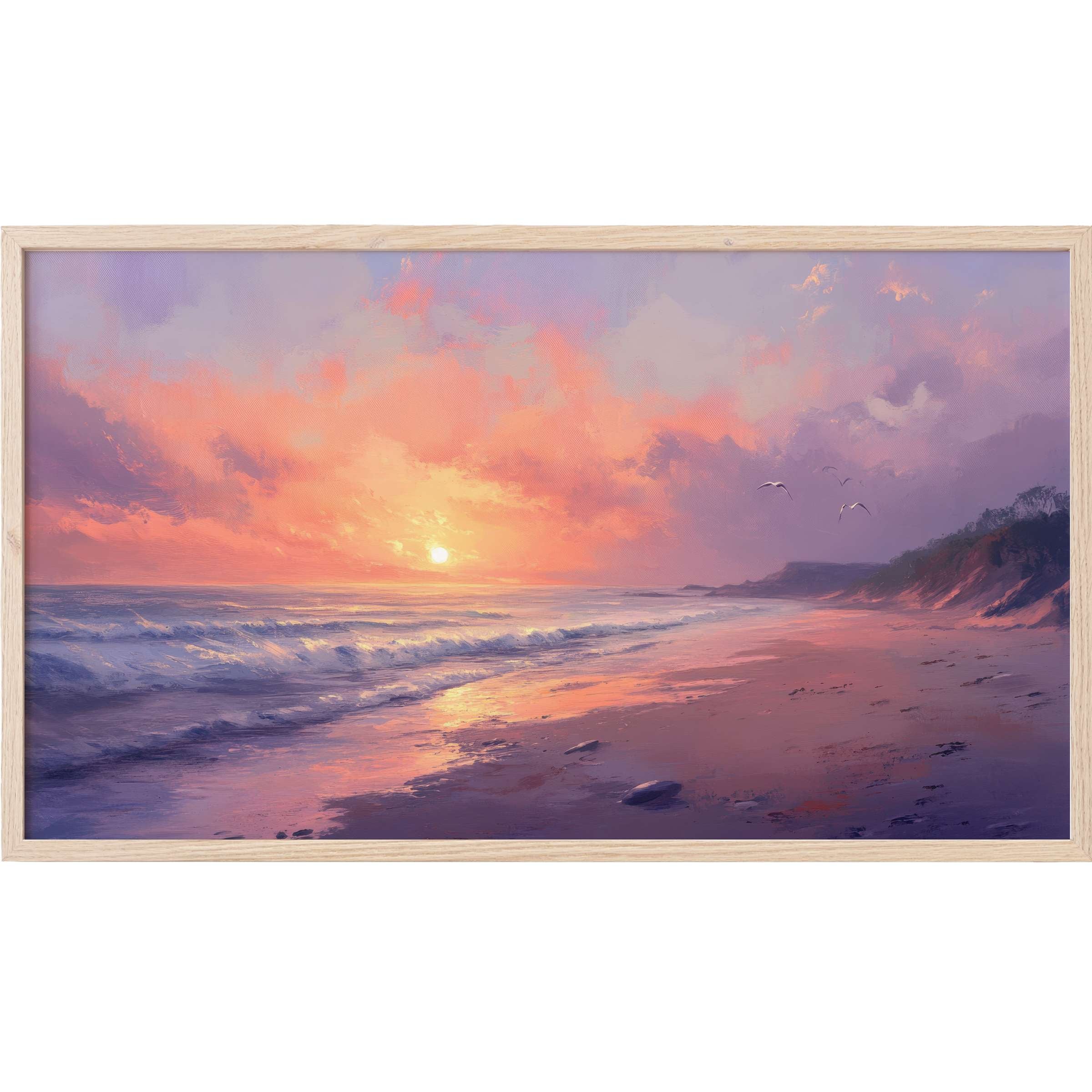Coastal Frame TV Art depicting a serene sunset beach with soft purples, pinks, and golden light reflections