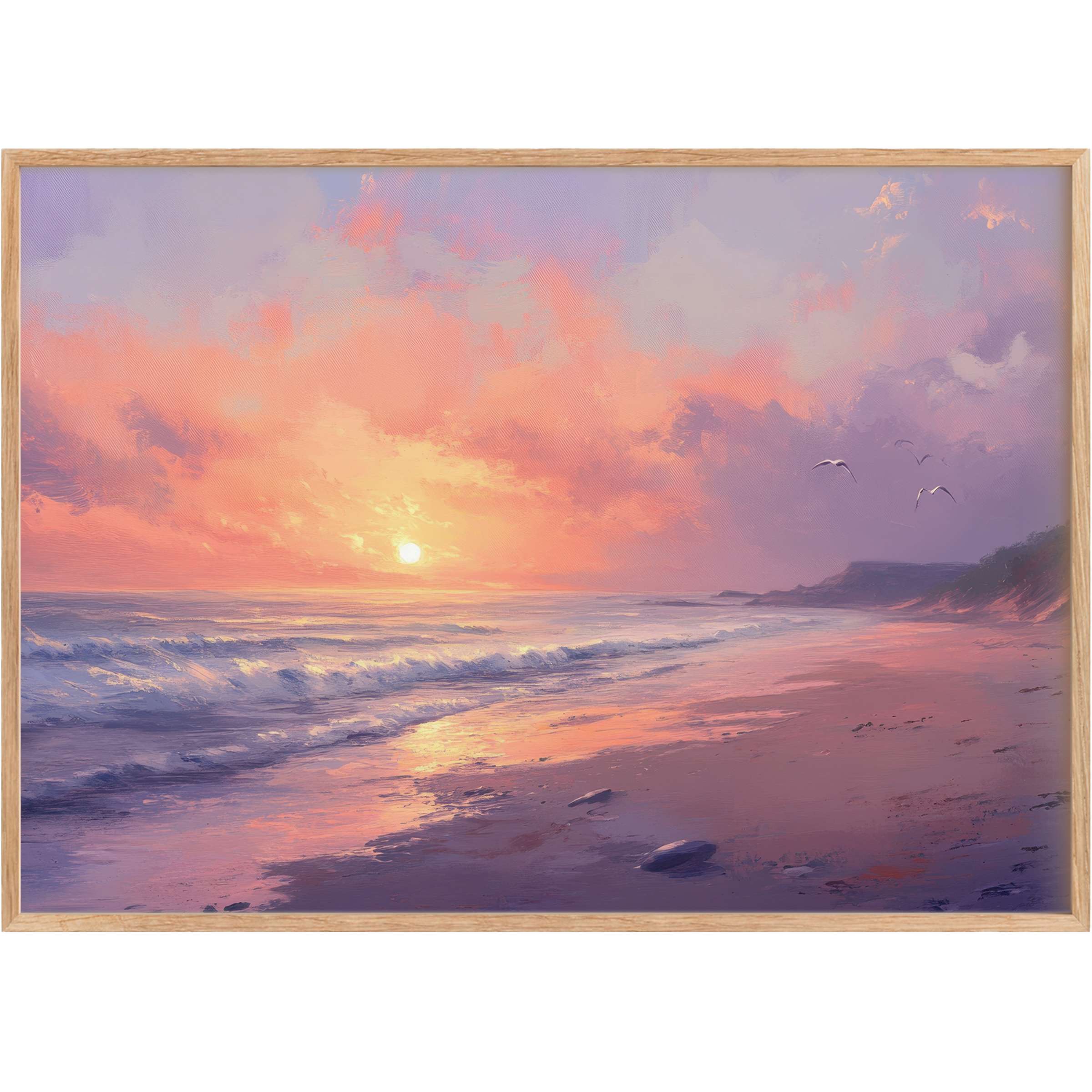 Coastal printable wall art capturing a serene sunset with soft coral and lavender hues, evoking tranquil seaside elegance