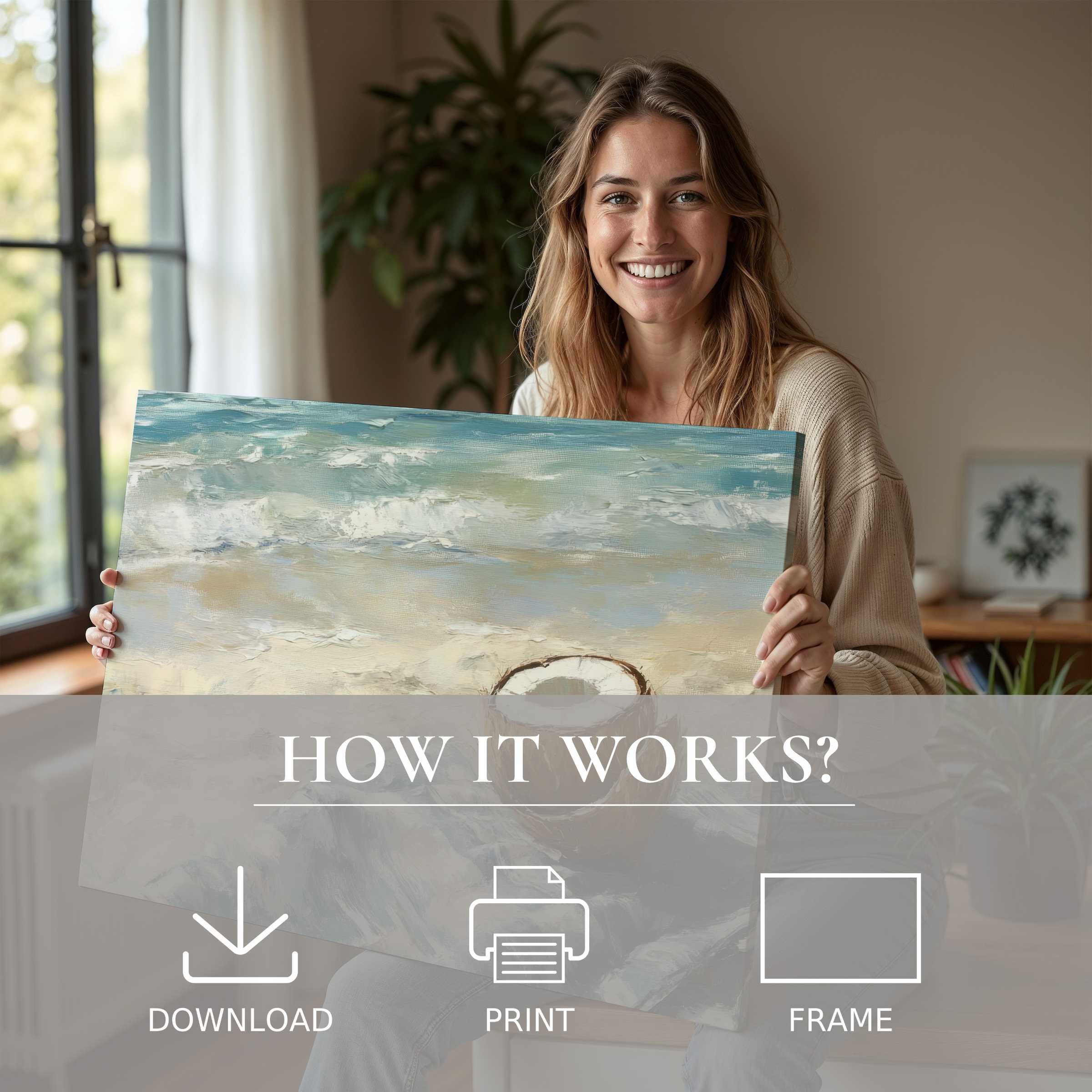 Radiate joy and connection with this beach digital art print, perfect for elevating your modern home’s serene ambiance