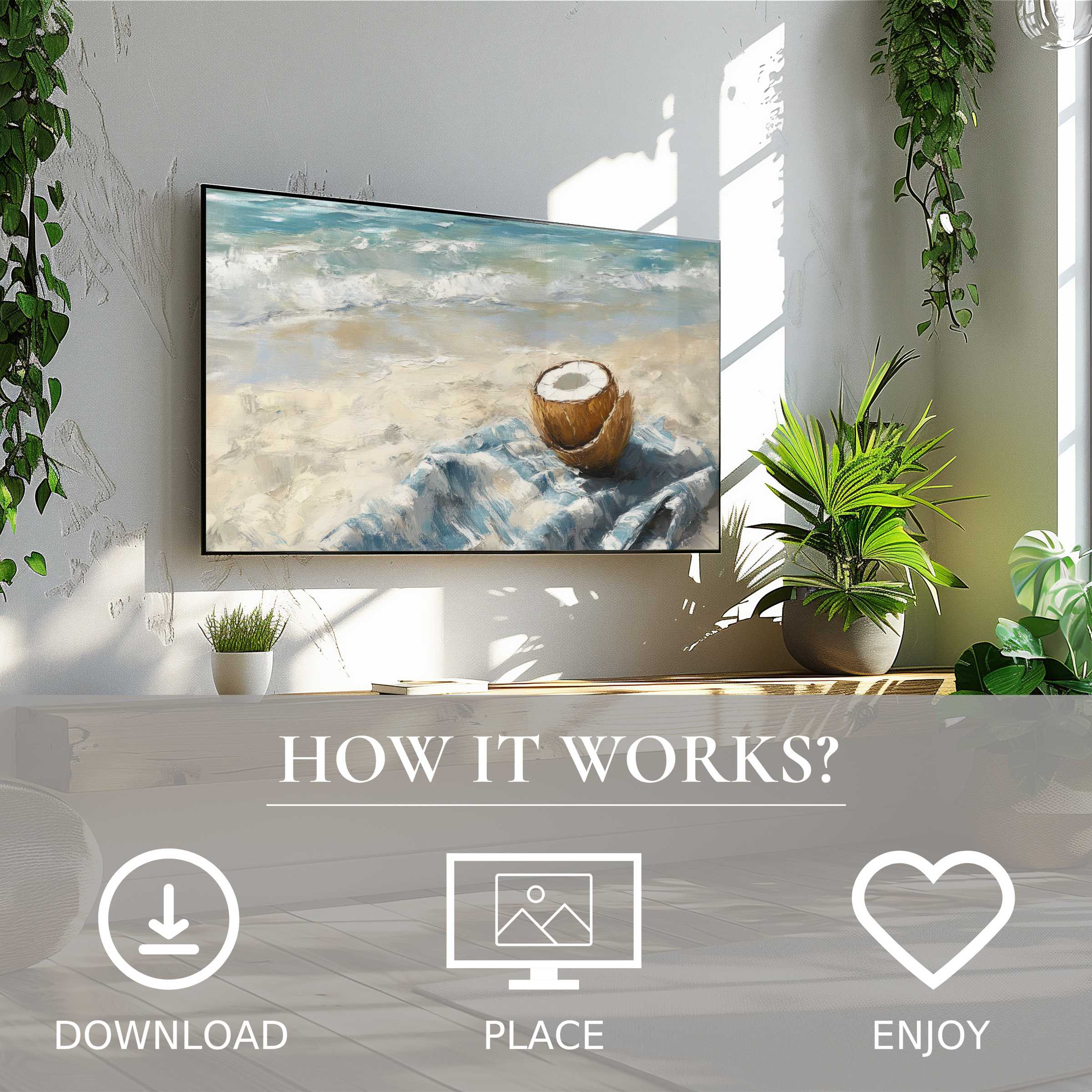 Modern living room with fresh greenery showcases beach art for Samsung TV in soft sand and ocean tones Easy digital download